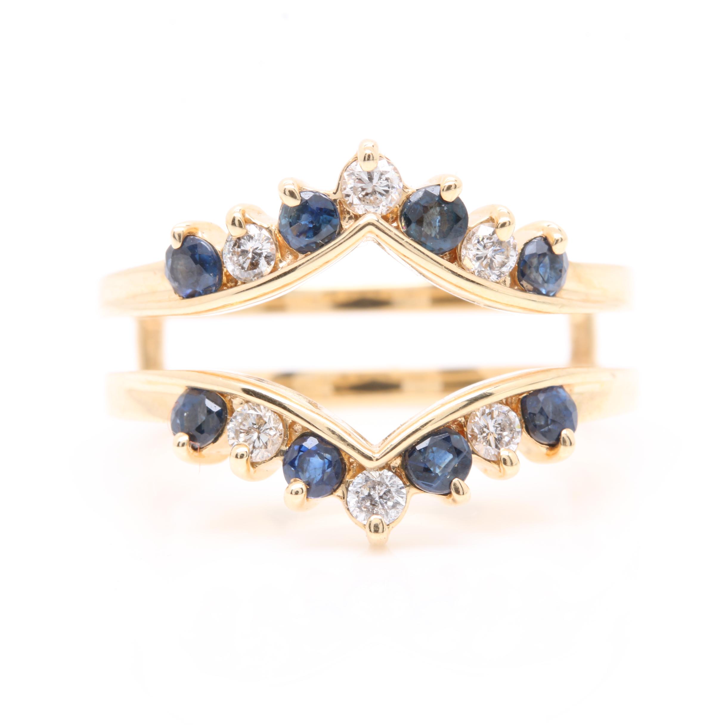 14K Yellow Gold Diamond and Blue Sapphire Ring Guard