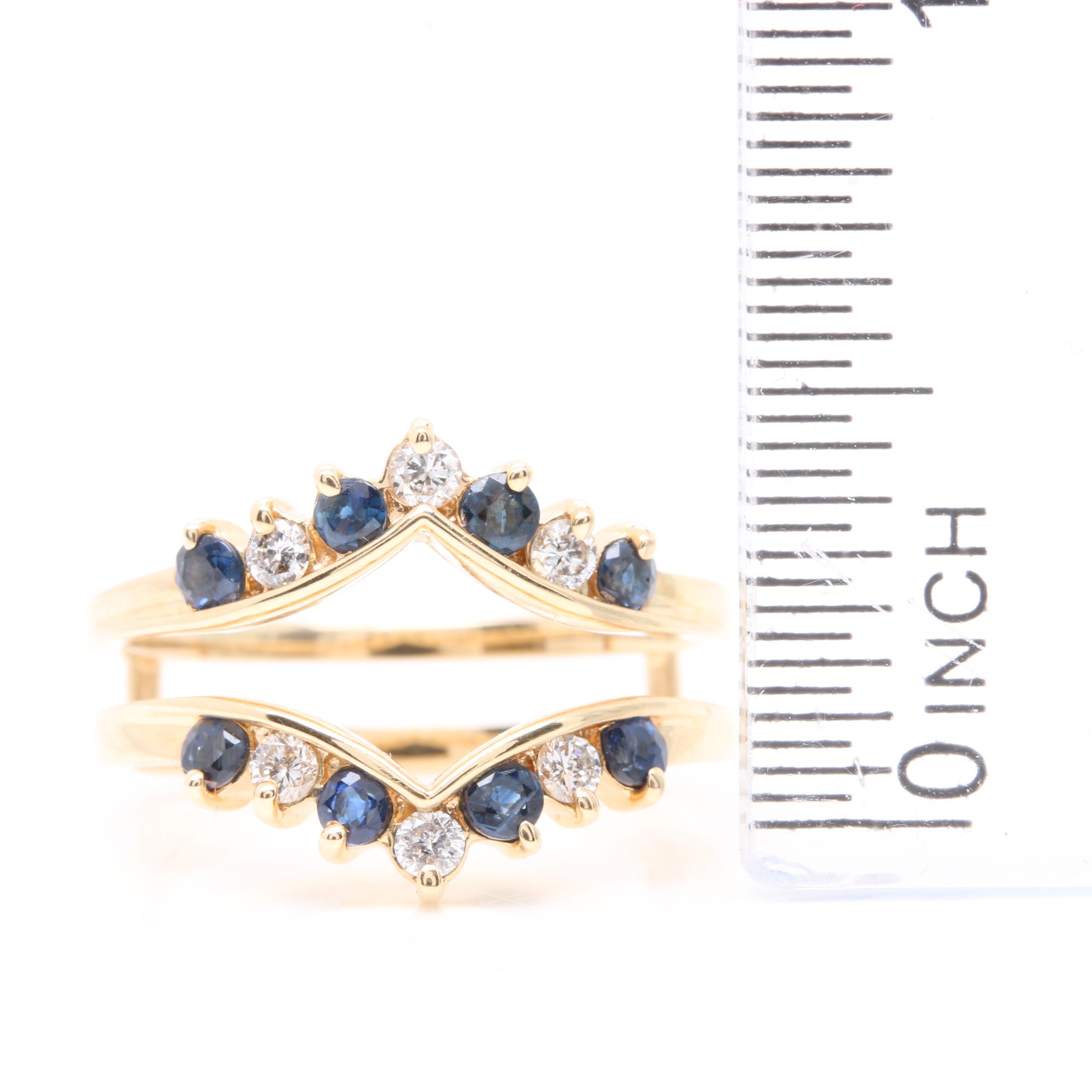 14K Yellow Gold Diamond and Blue Sapphire Ring Guard