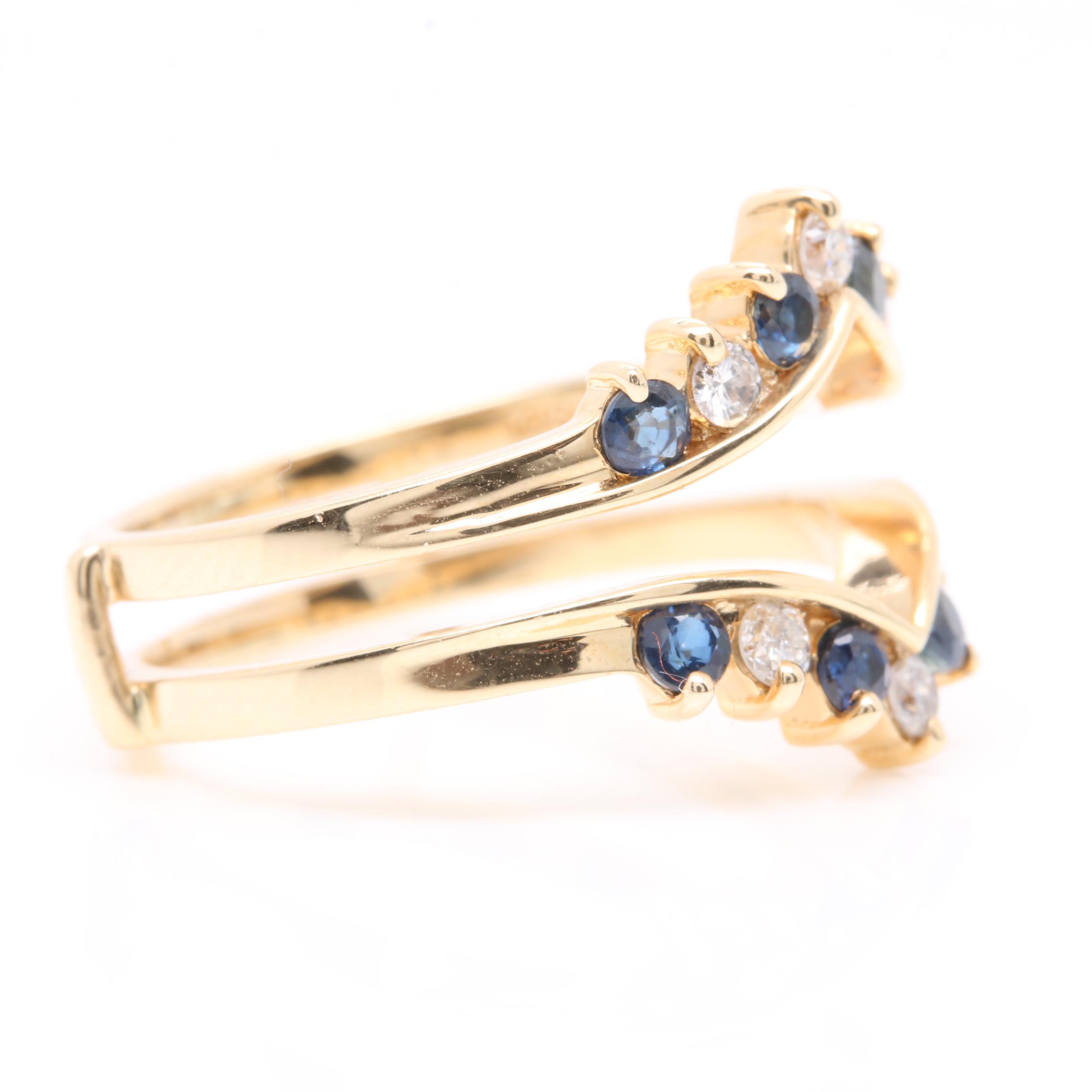 14K Yellow Gold Diamond and Blue Sapphire Ring Guard