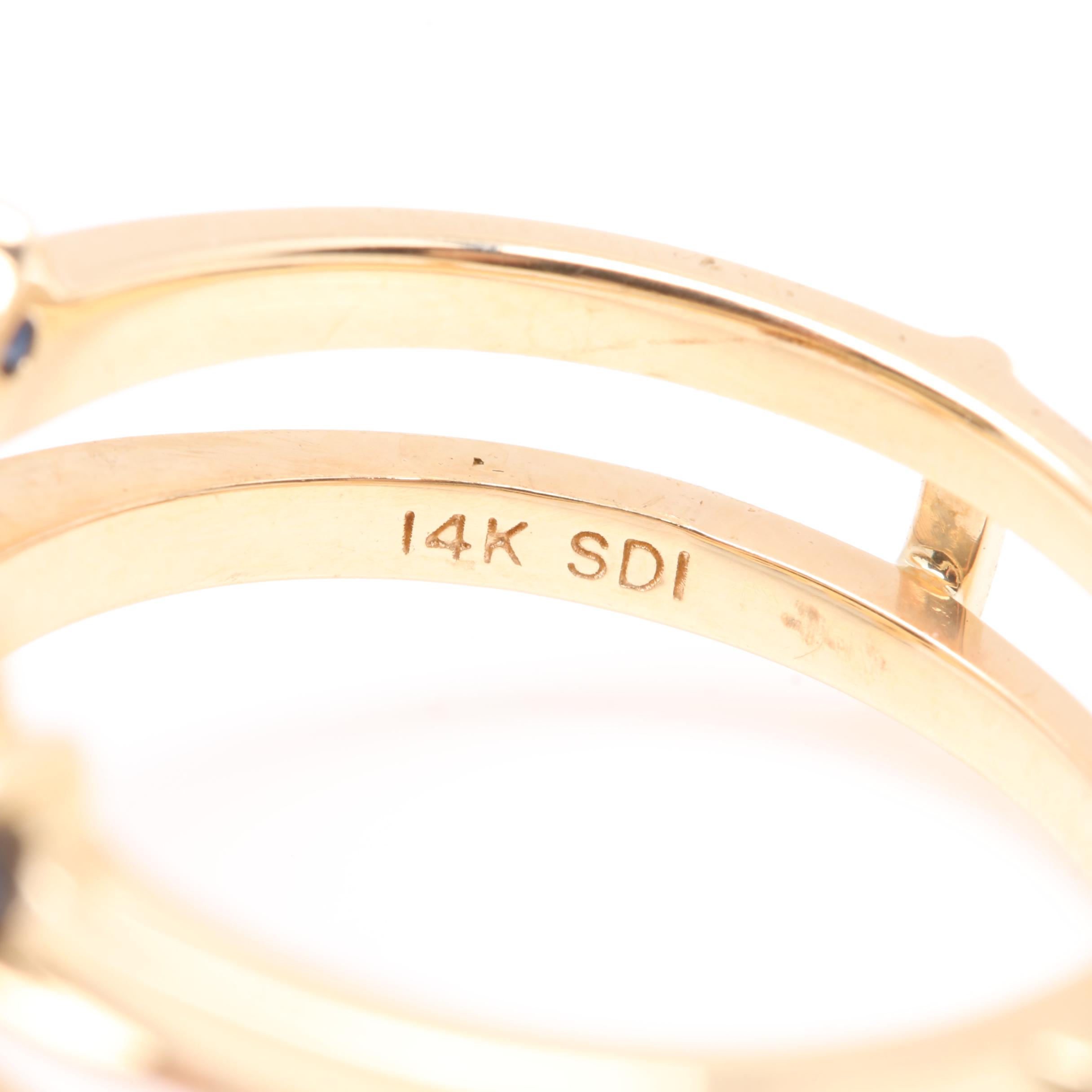 14K Yellow Gold Diamond and Blue Sapphire Ring Guard