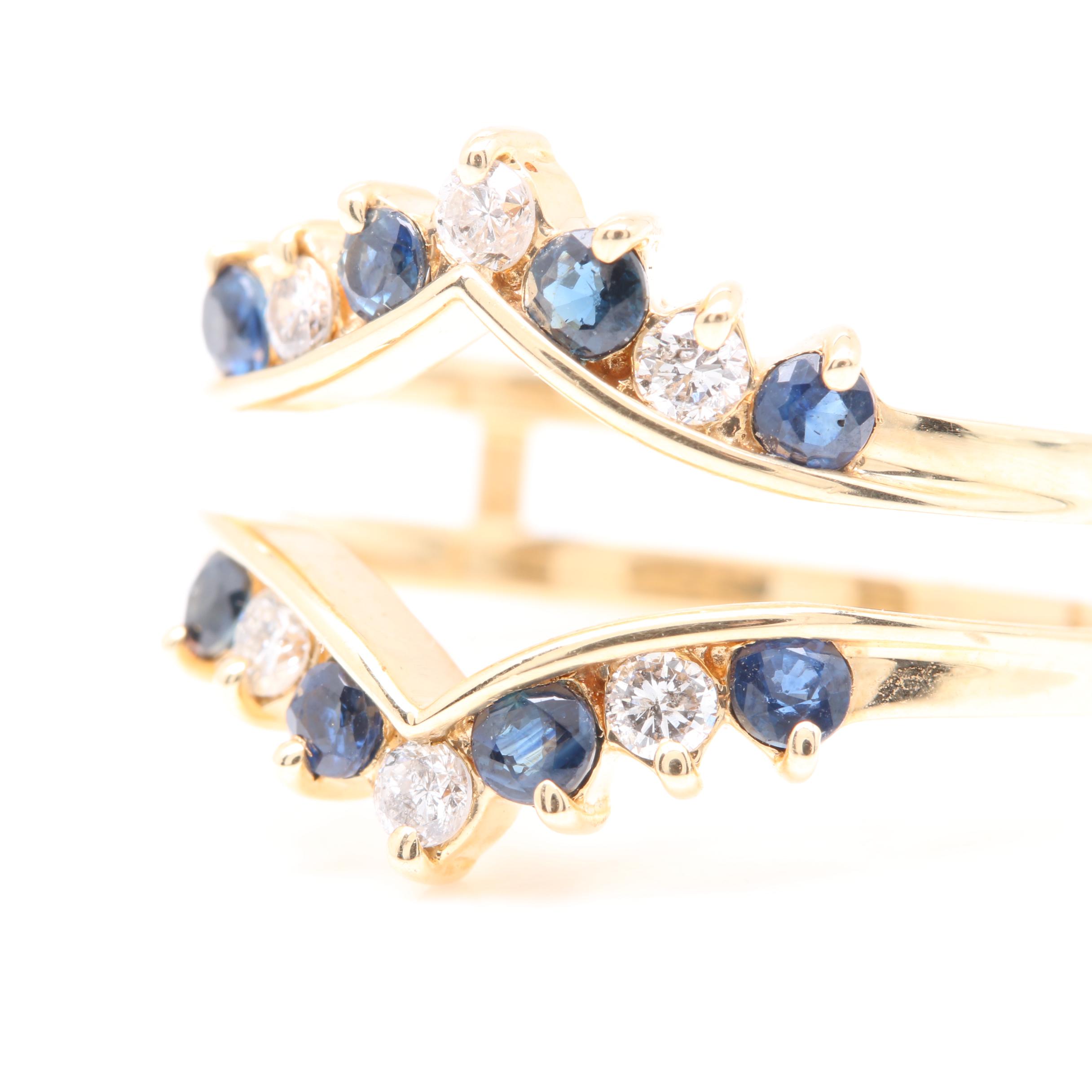 14K Yellow Gold Diamond and Blue Sapphire Ring Guard