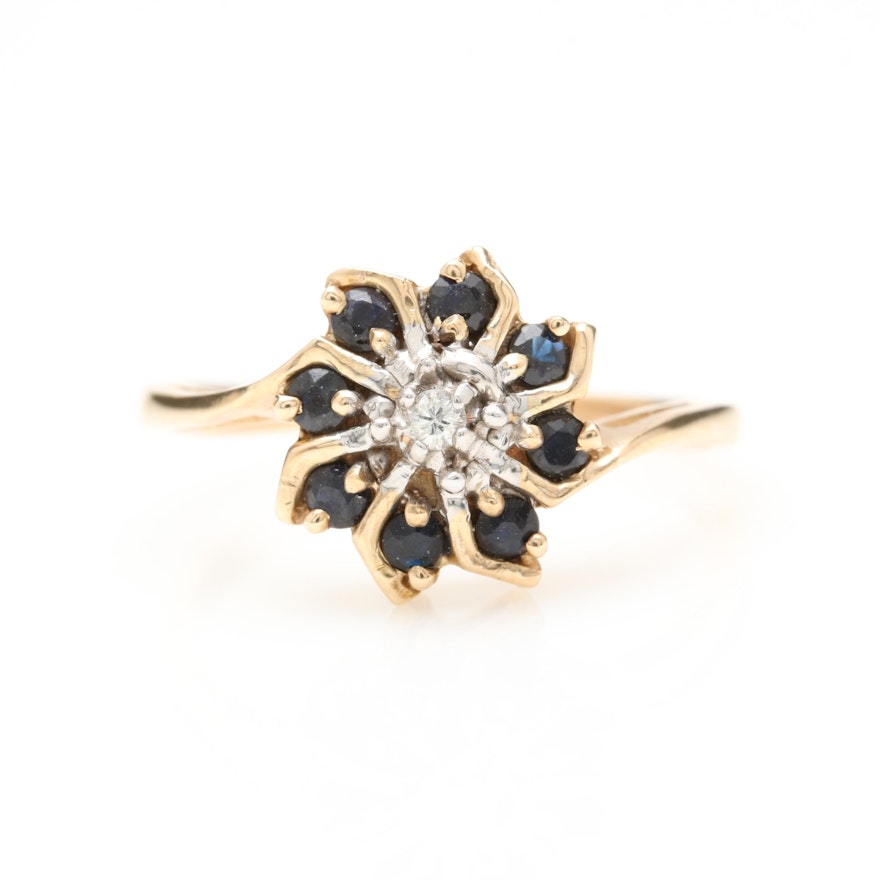 10K Yellow Gold Blue Sapphire and Diamond Ring