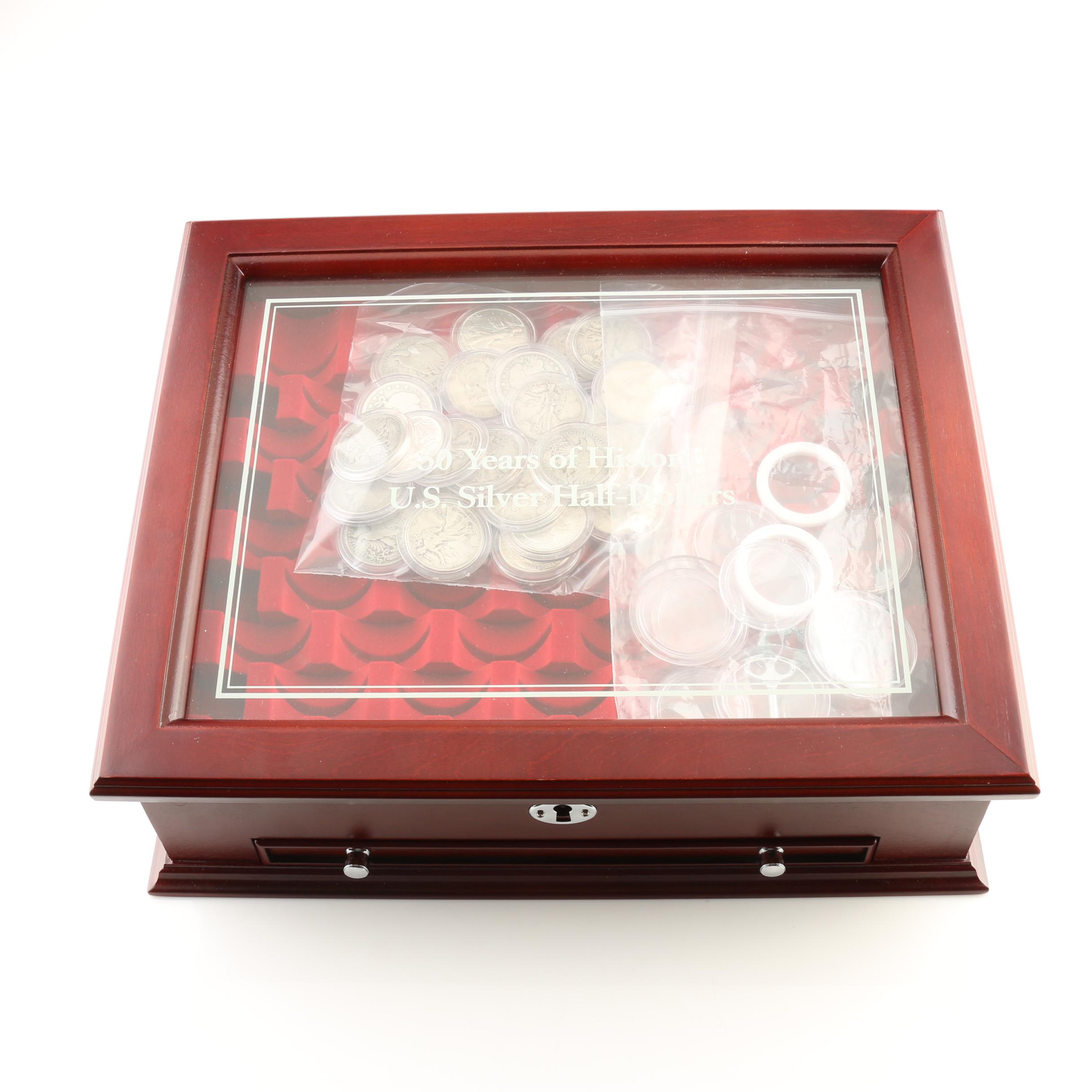 Wooden Display Chest of Twenty-Six Vintage U.S. Silver Half Dollars