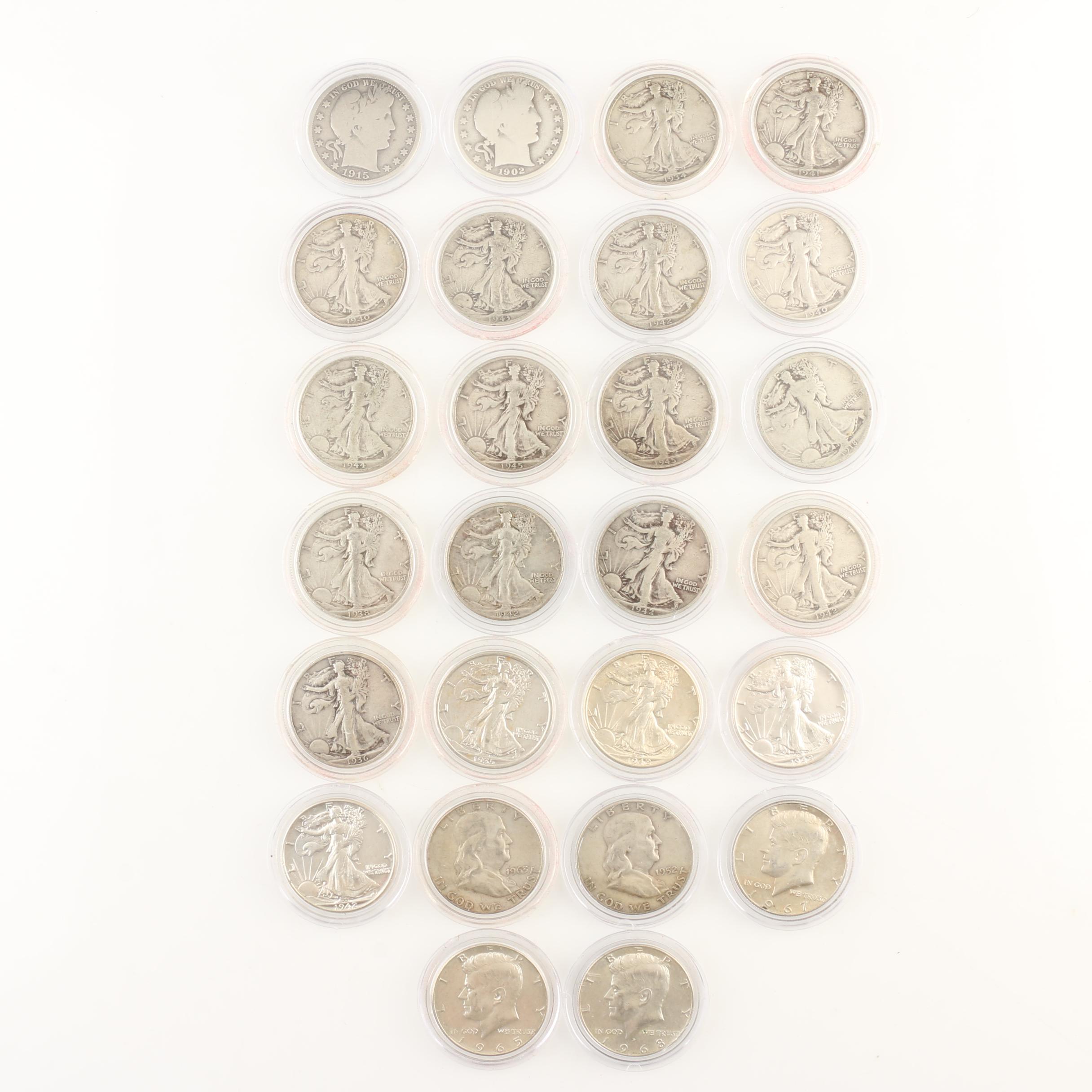 Wooden Display Chest of Twenty-Six Vintage U.S. Silver Half Dollars