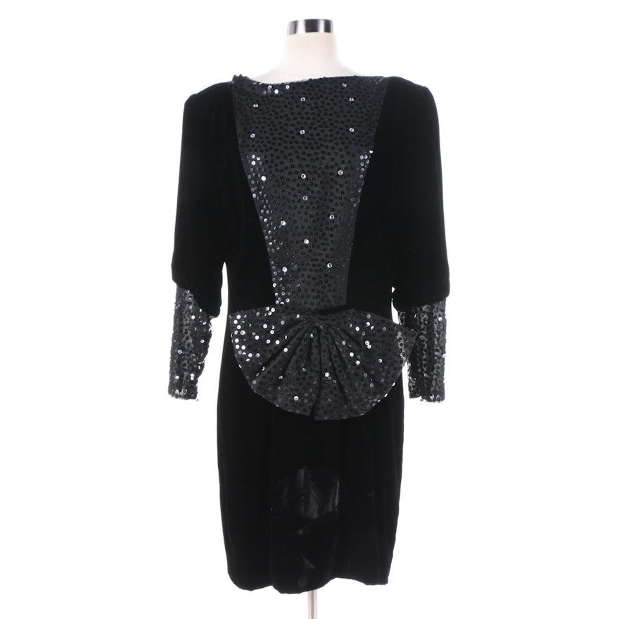 1980s Vintage Christian Dior Black Velvet and Sequin Evening Dress