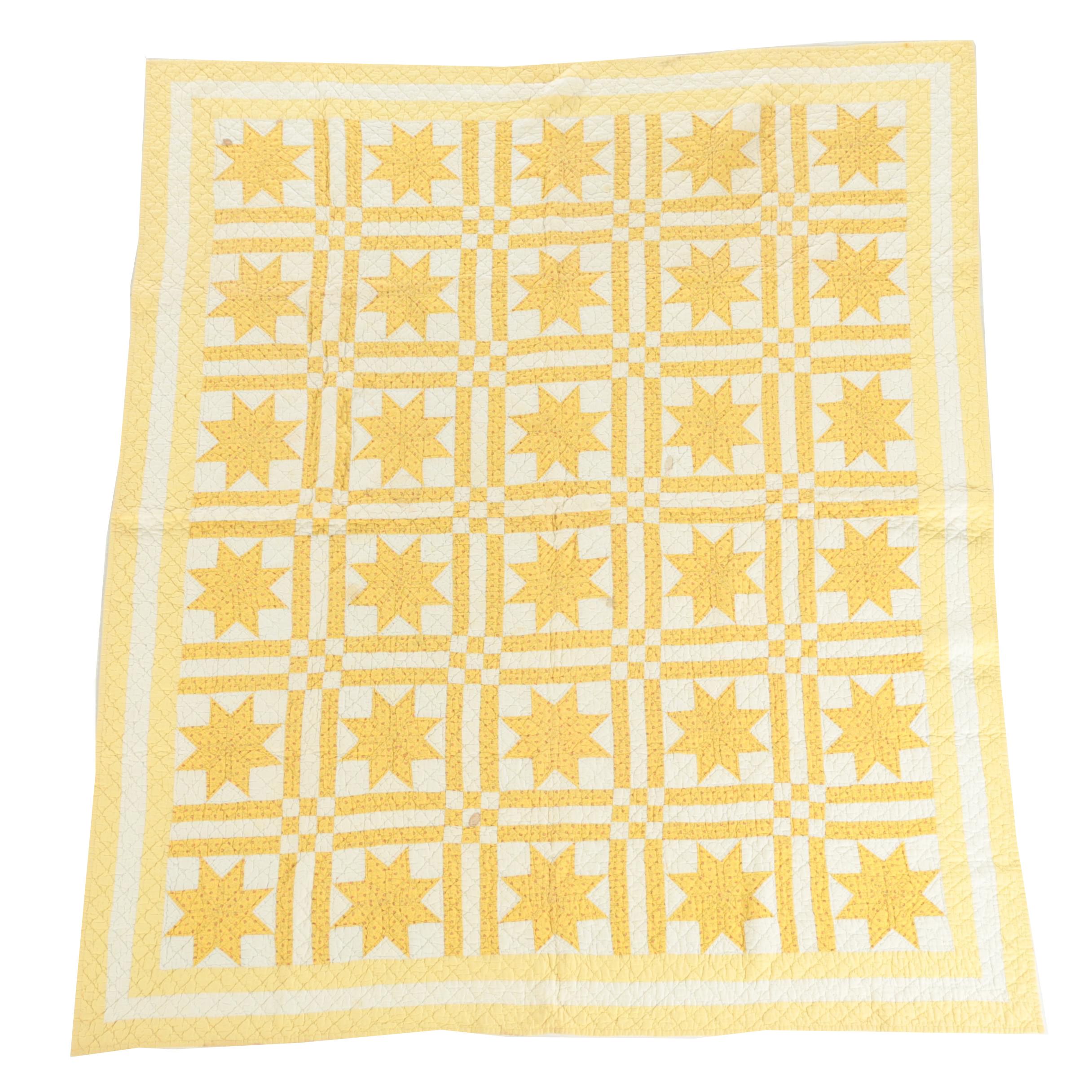 Vintage Handmade Yellow Calico "Eight-Point Star" Quilt