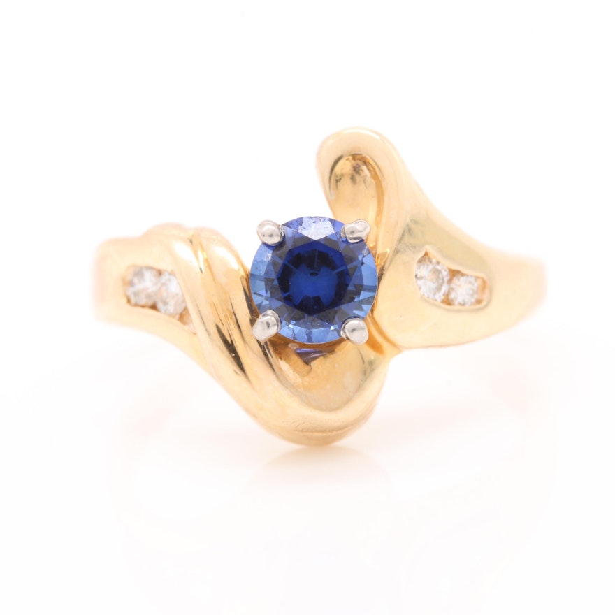 14K Yellow Gold Synthetic Blue Sapphire and Diamond Ring