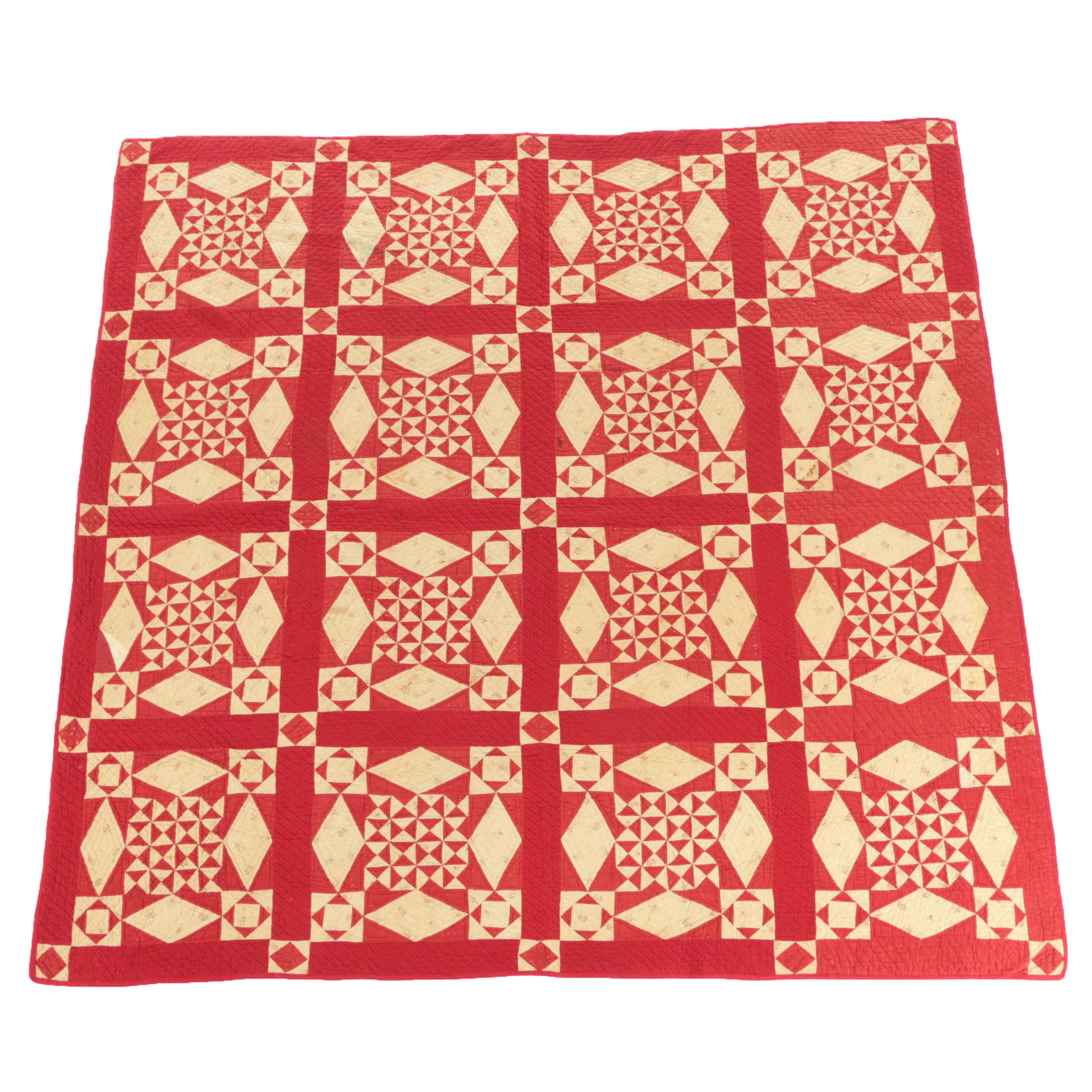 Antique Handmade Red And Cream Quilt