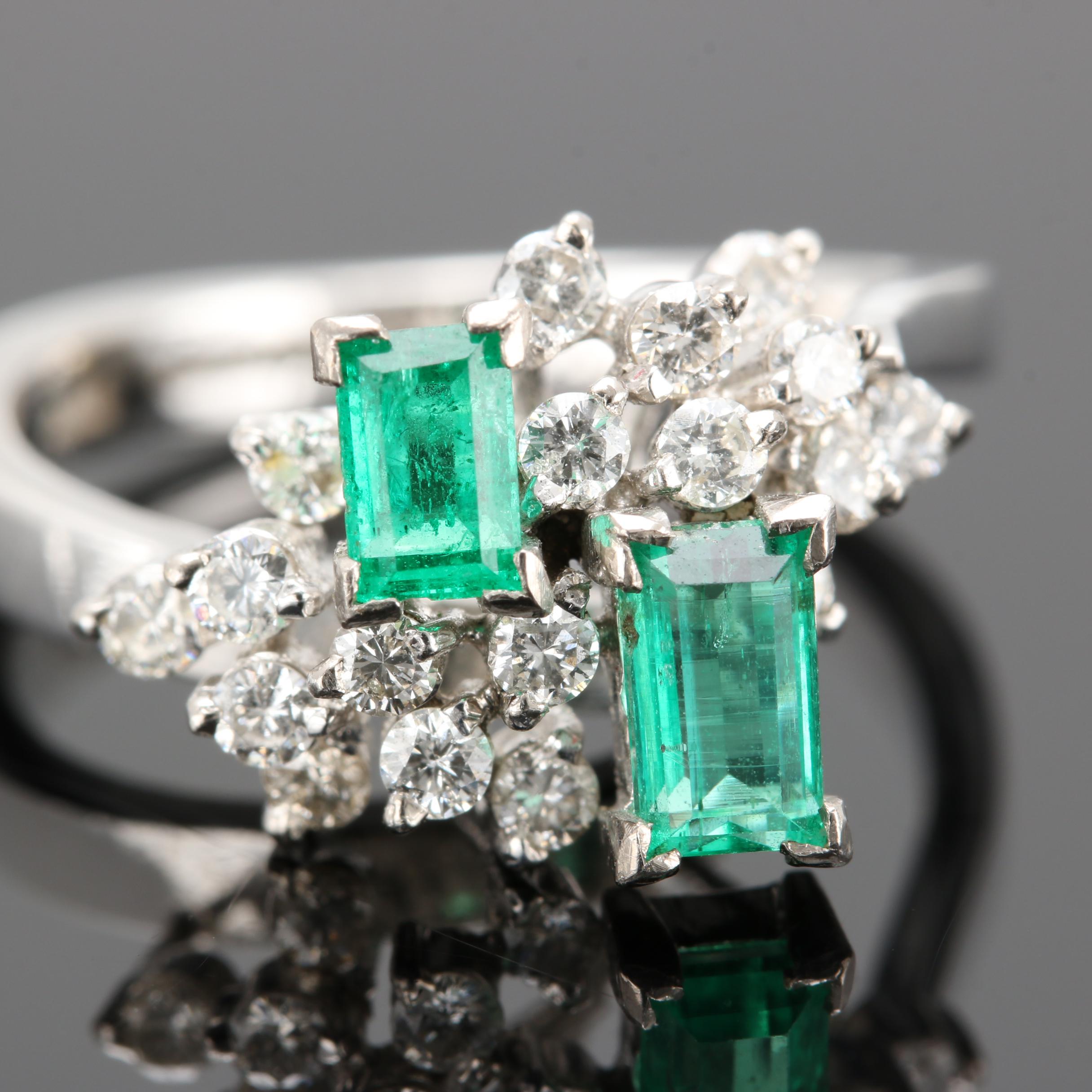 14K White Gold Synthetic Emerald and Diamond Ring