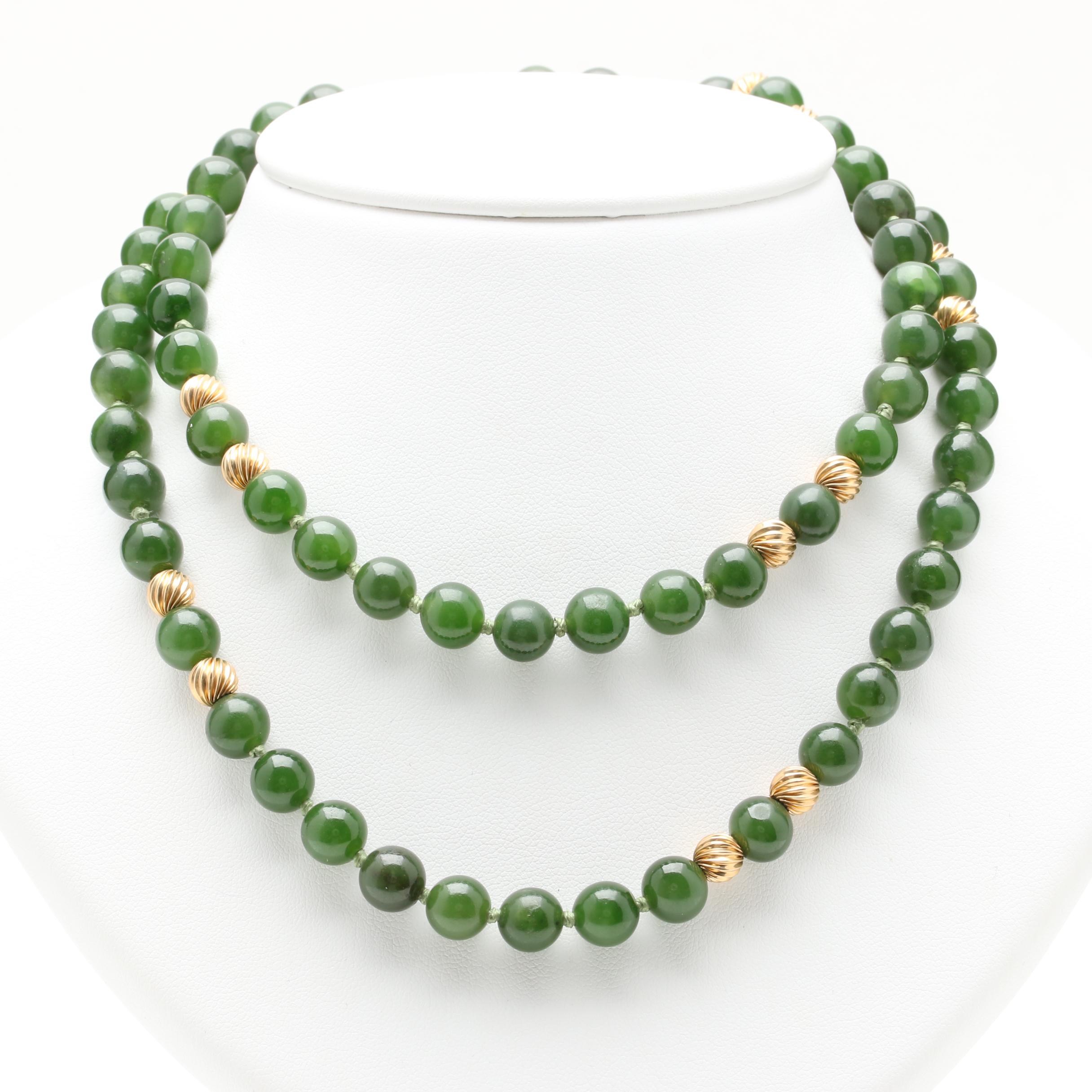 14K Yellow Gold Nephrite Single Strand Beaded Necklace