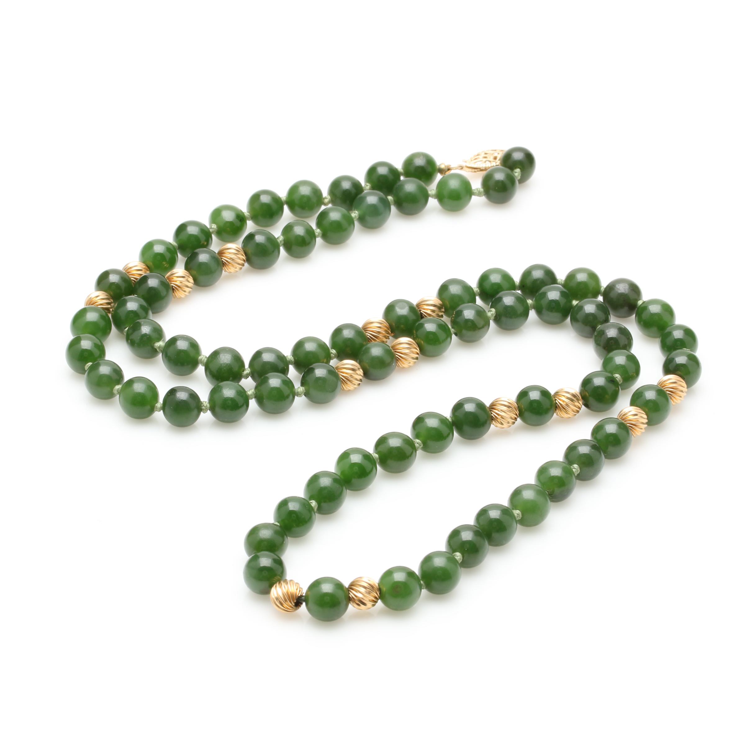 14K Yellow Gold Nephrite Single Strand Beaded Necklace
