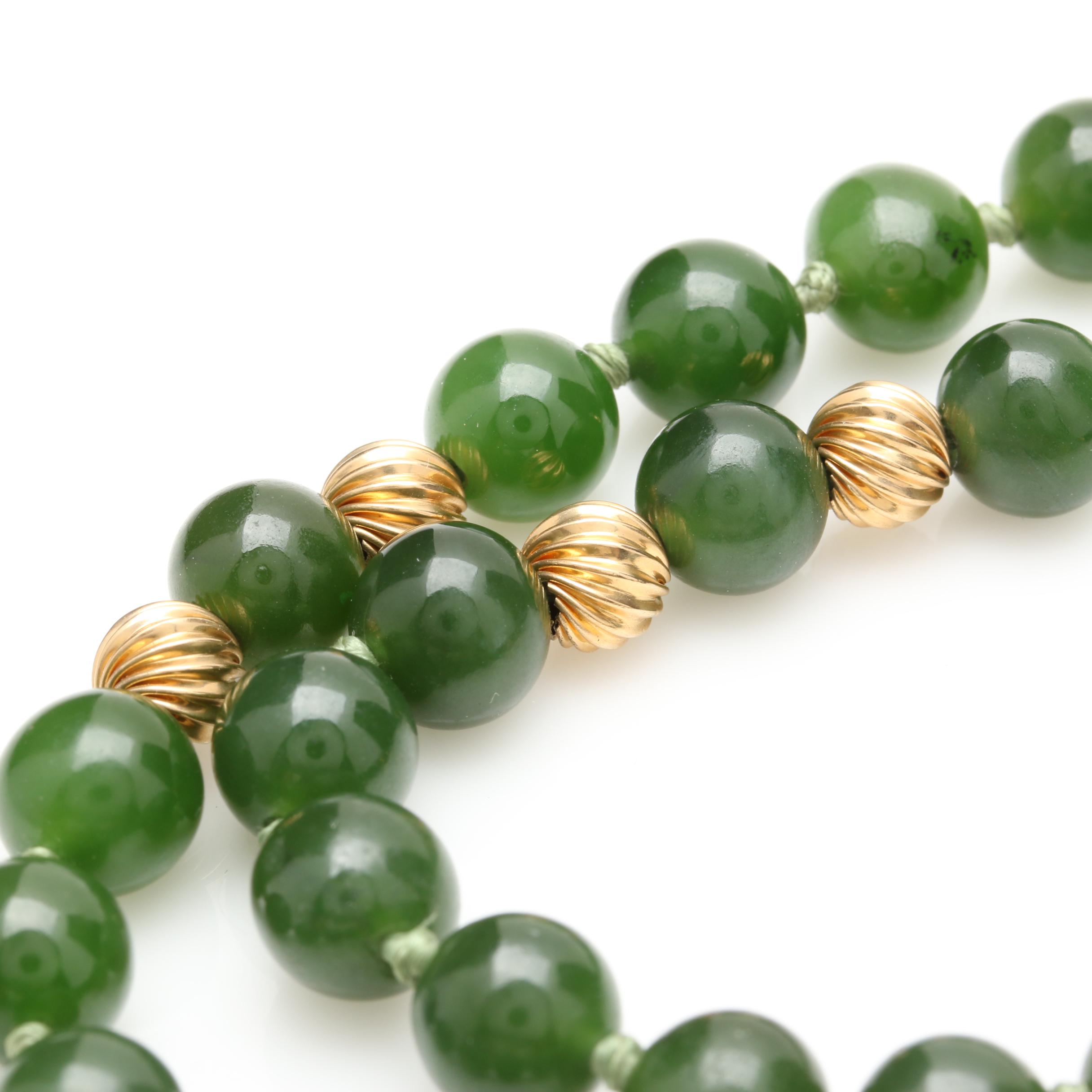 14K Yellow Gold Nephrite Single Strand Beaded Necklace