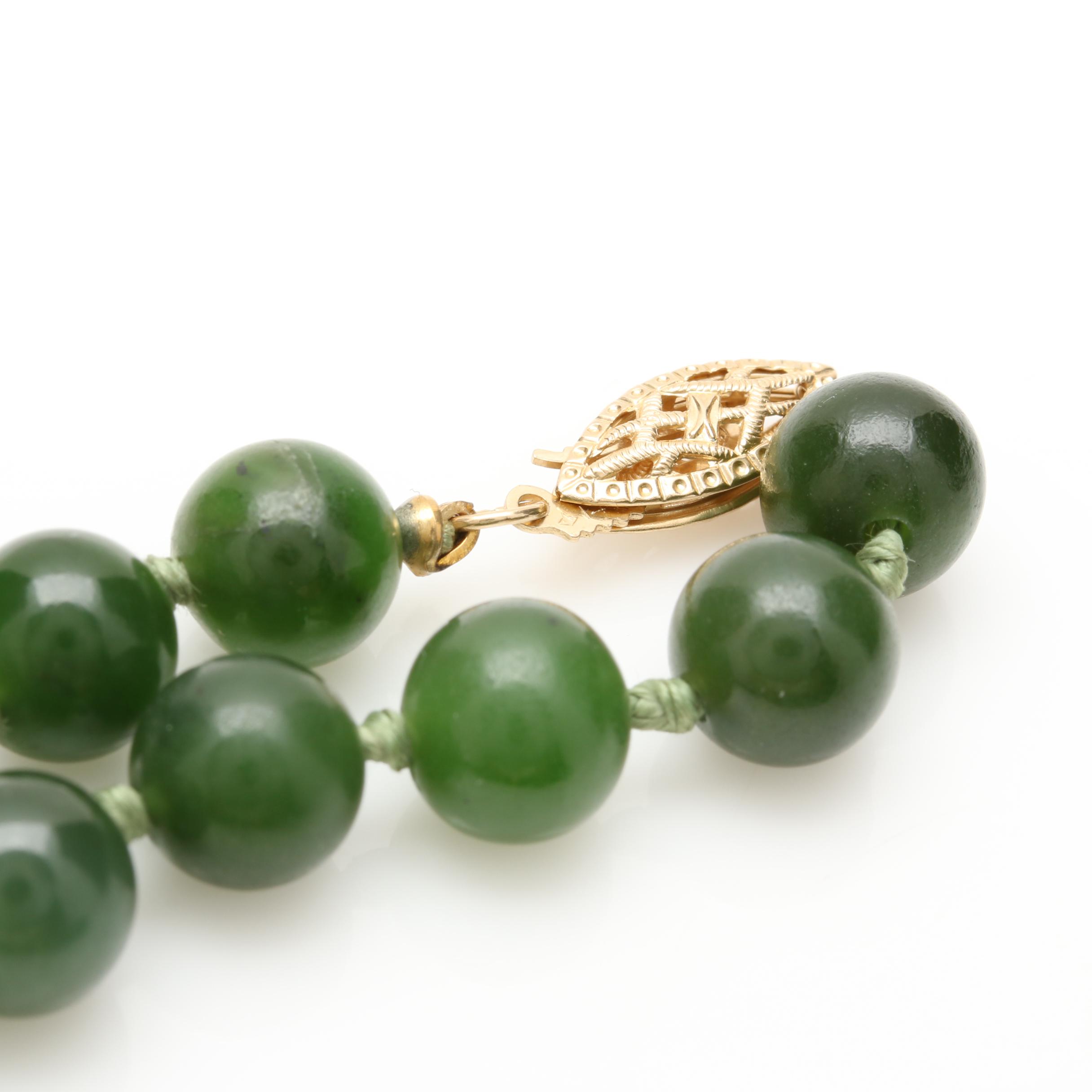 14K Yellow Gold Nephrite Single Strand Beaded Necklace