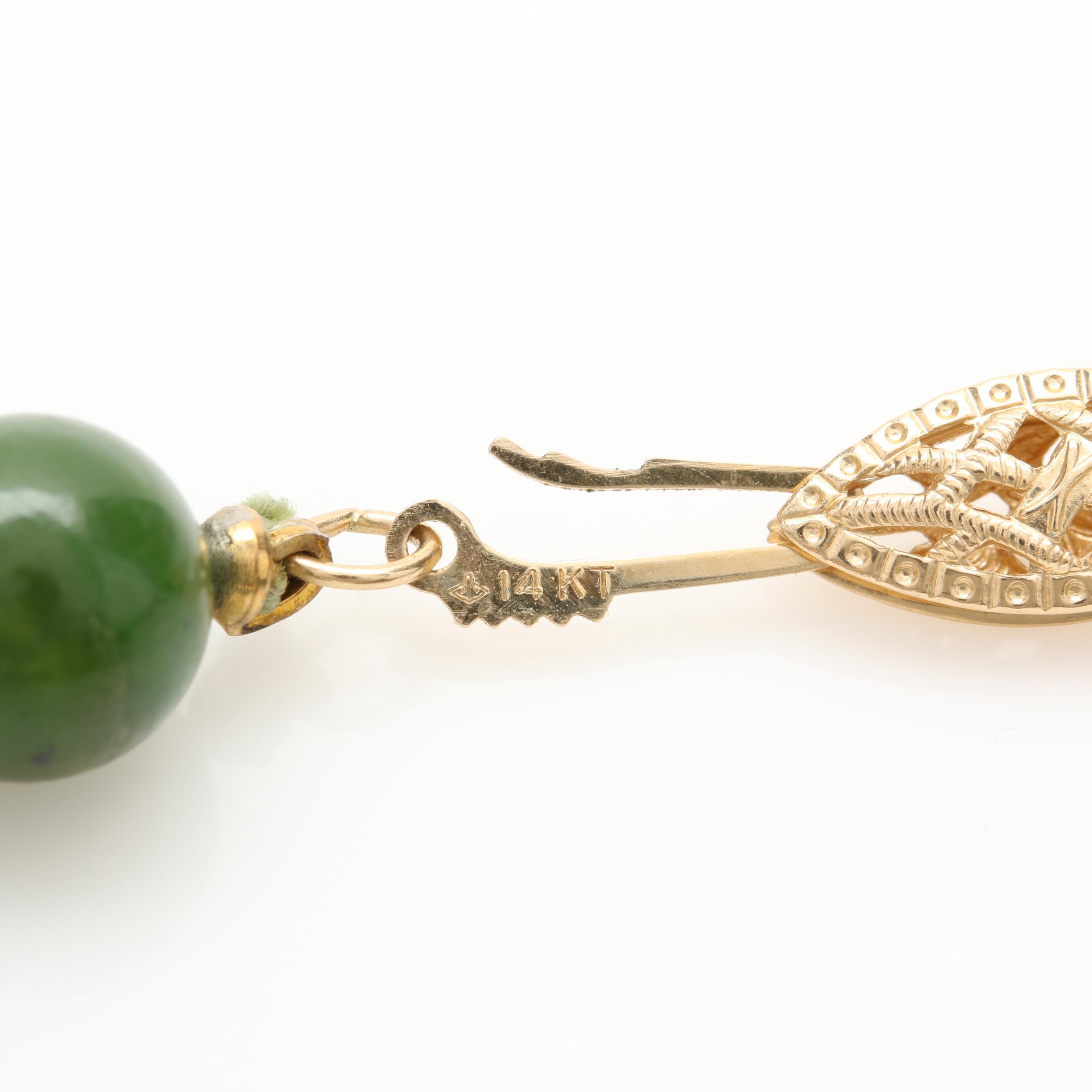 14K Yellow Gold Nephrite Single Strand Beaded Necklace