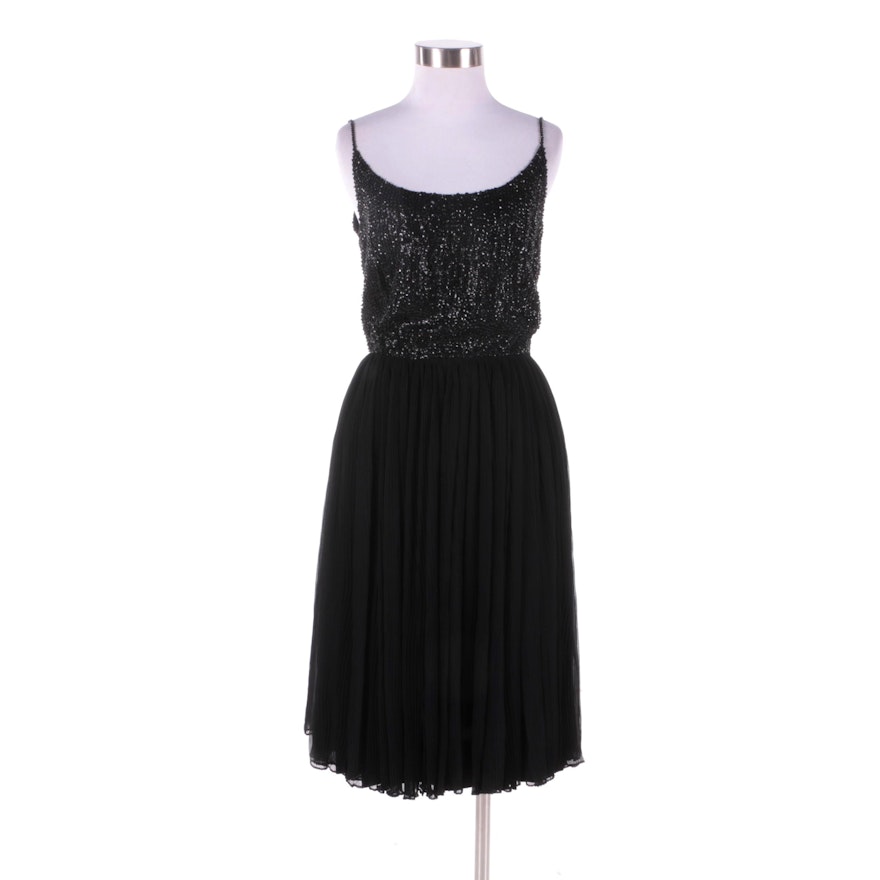 1960s Vintage Mr Mort Black Chiffon Sleeveless Cocktail Dress with Sequins