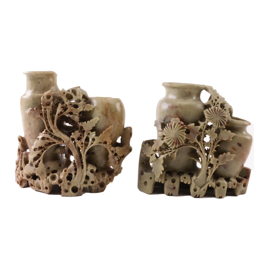 Chinese Carved Soapstone Double Inkwells