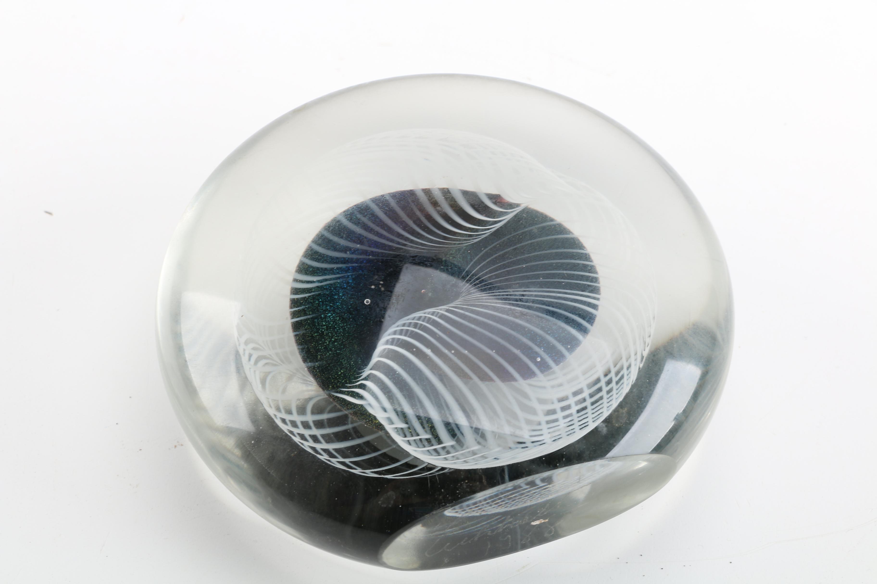 Clam Fossil with Vintage Eickholt Filigrana Style Art Glass Paperweight