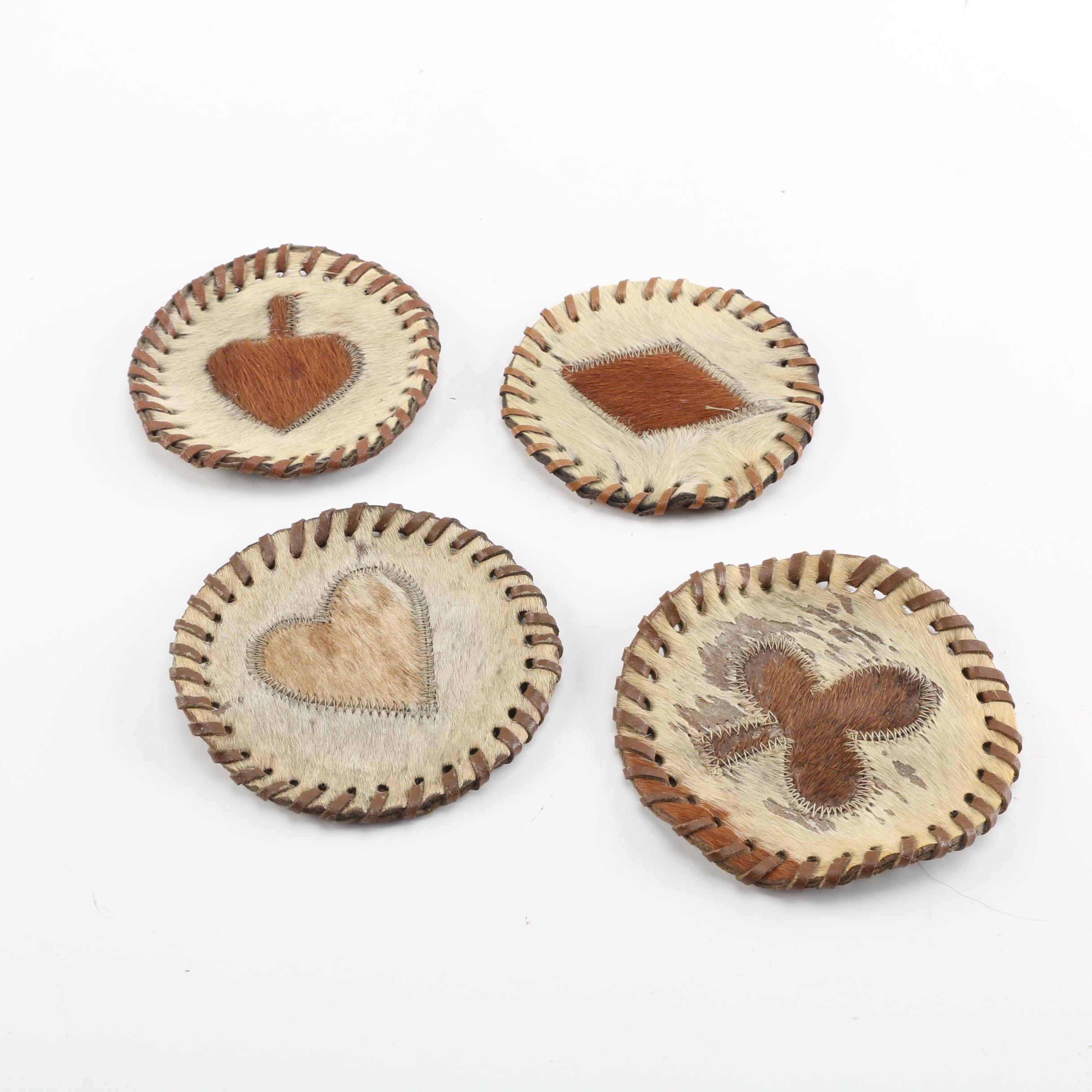 Round Playing Card Suit Motif Cowhide Coasters