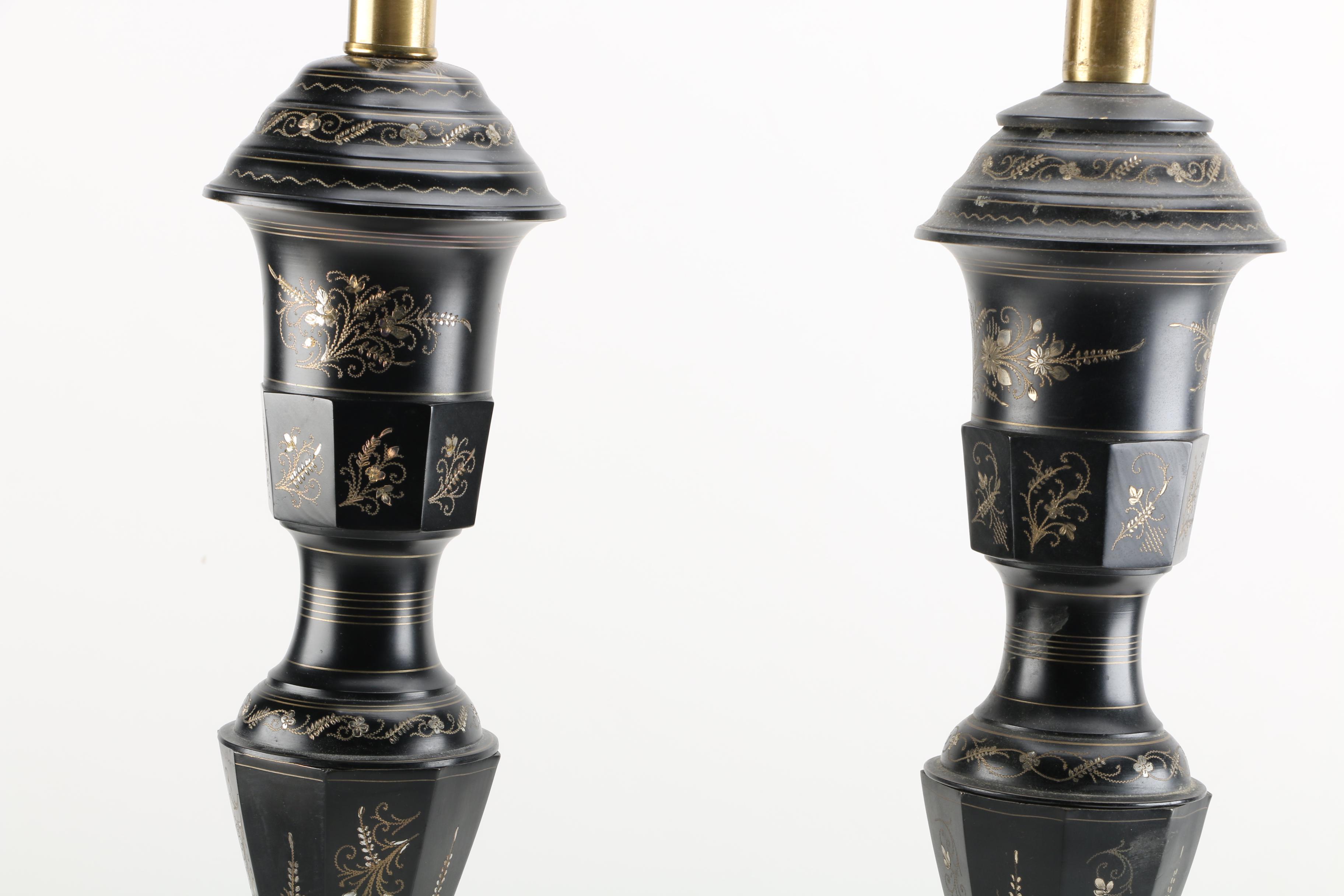 Pair of Black and Silver Toned and Brass Table Lamps