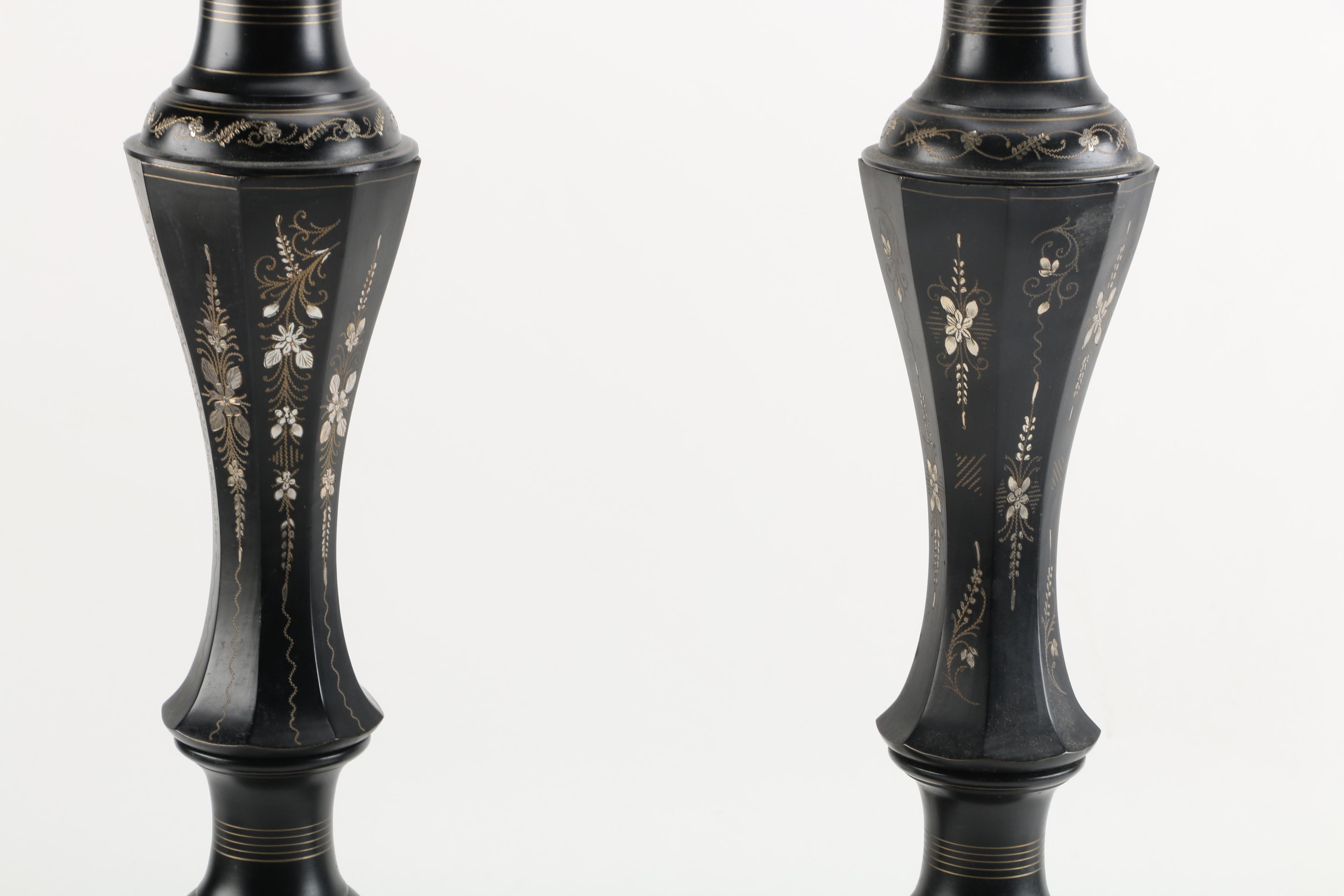 Pair of Black and Silver Toned and Brass Table Lamps