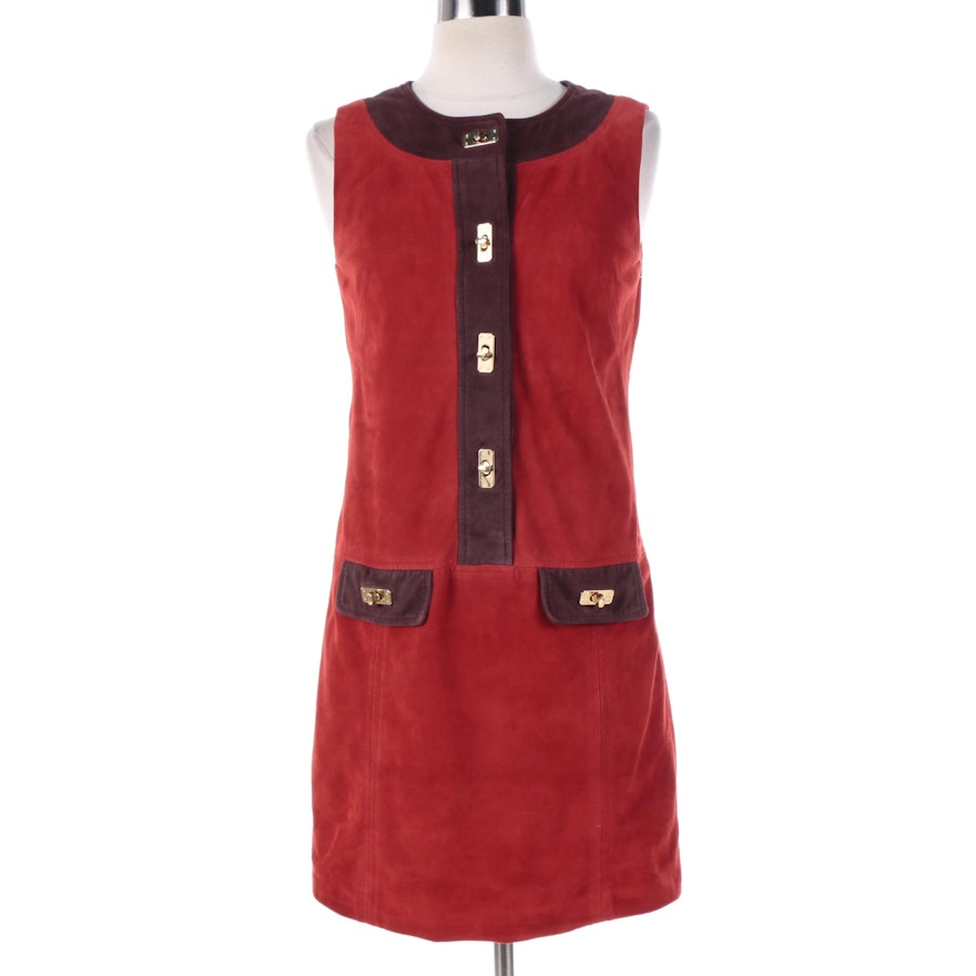 Vintage Milly of New York Burgundy and Brown Suede Sleeveless Mod Dress