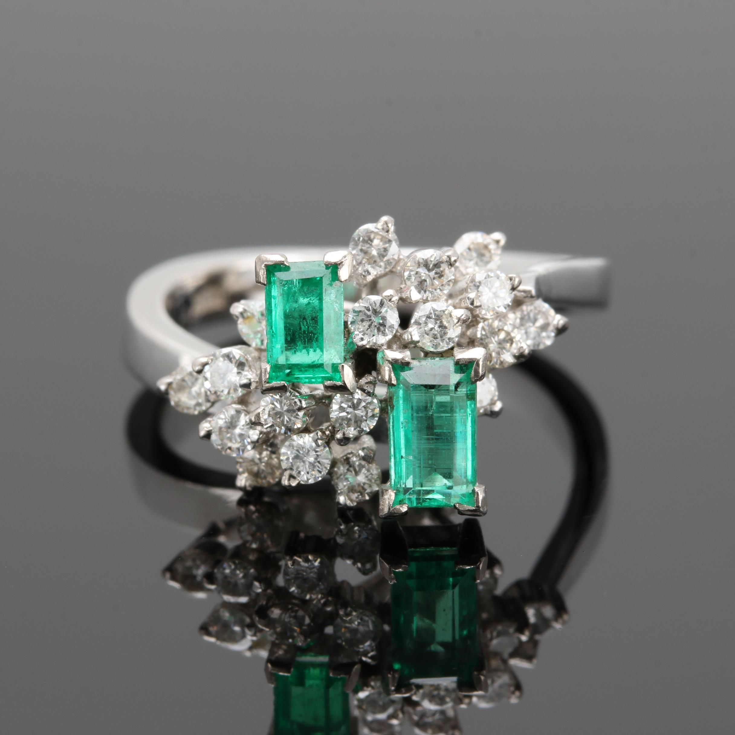 14K White Gold Synthetic Emerald and Diamond Ring