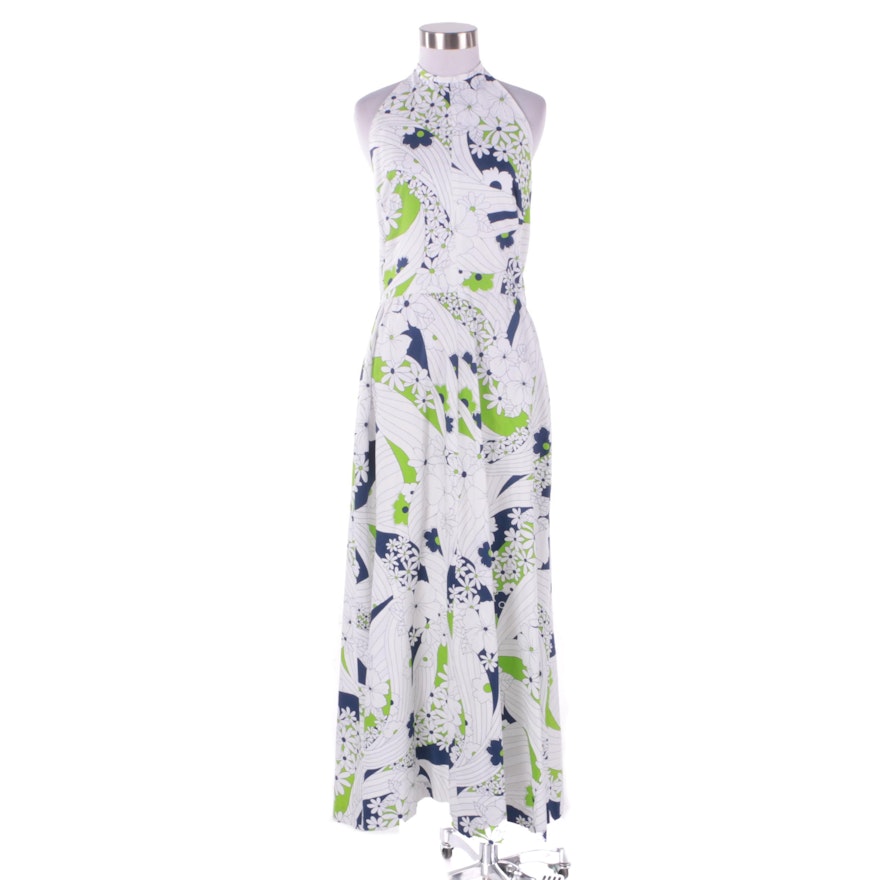 1970s Vintage Gregg Draddy Art Print Halter Maxi Dress