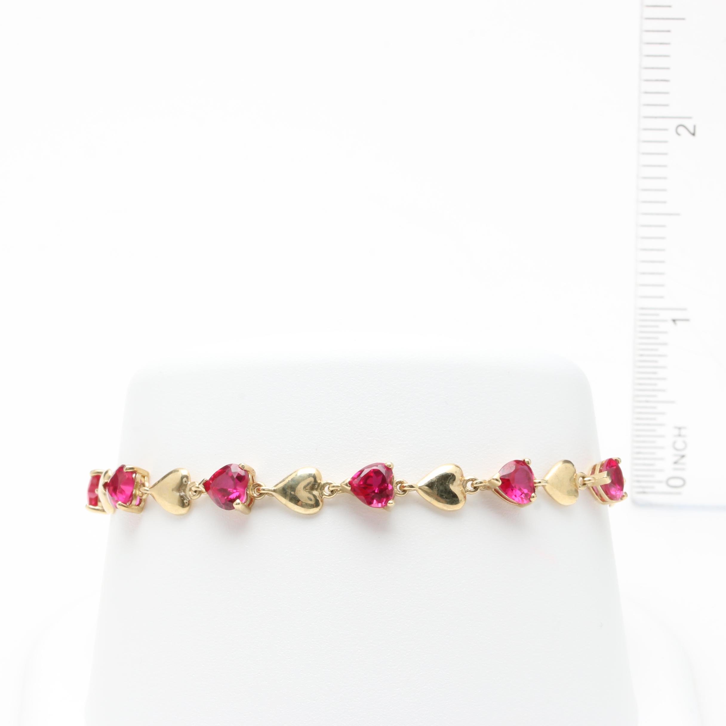 10K Yellow Gold Synthetic Ruby Heart Bracelet