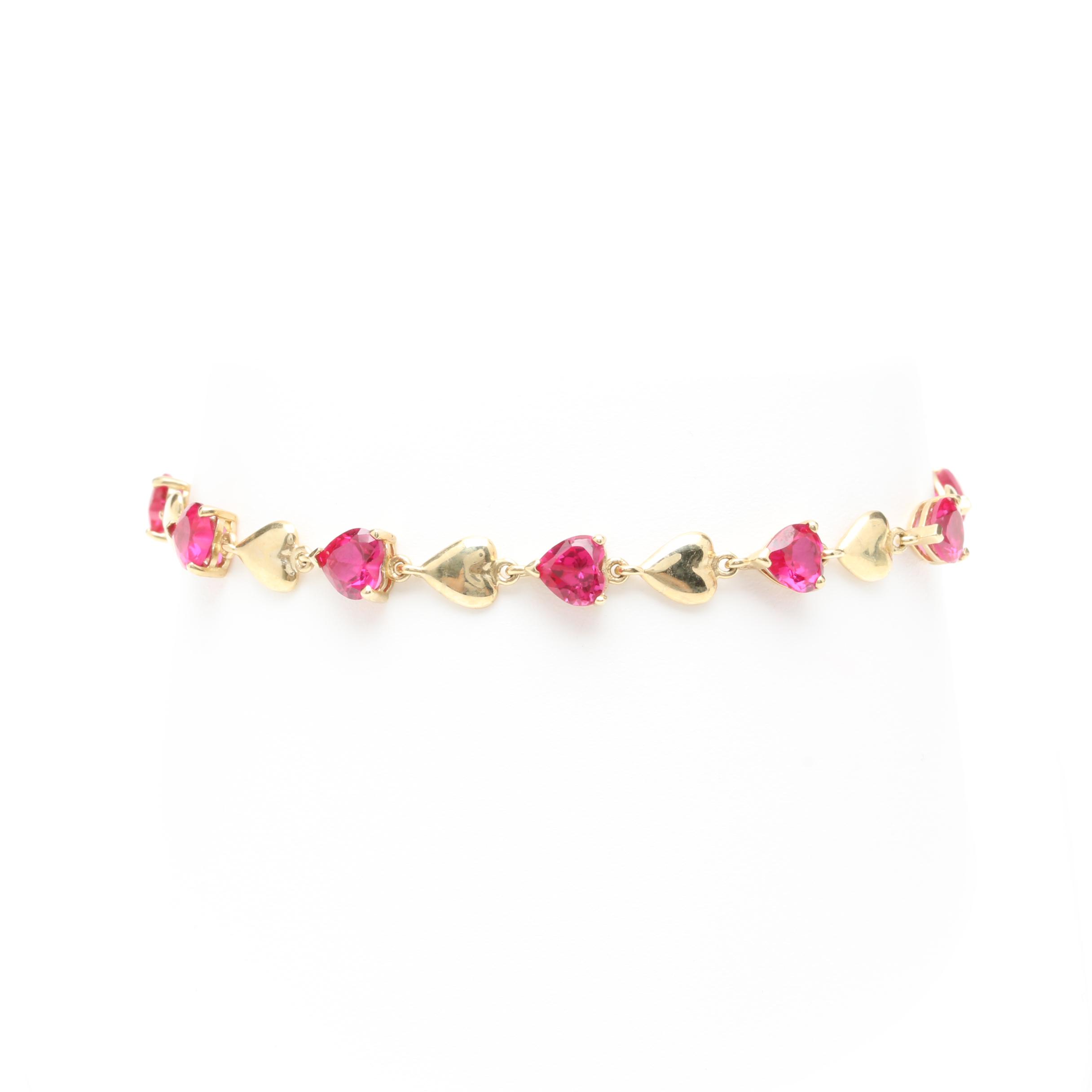 10K Yellow Gold Synthetic Ruby Heart Bracelet