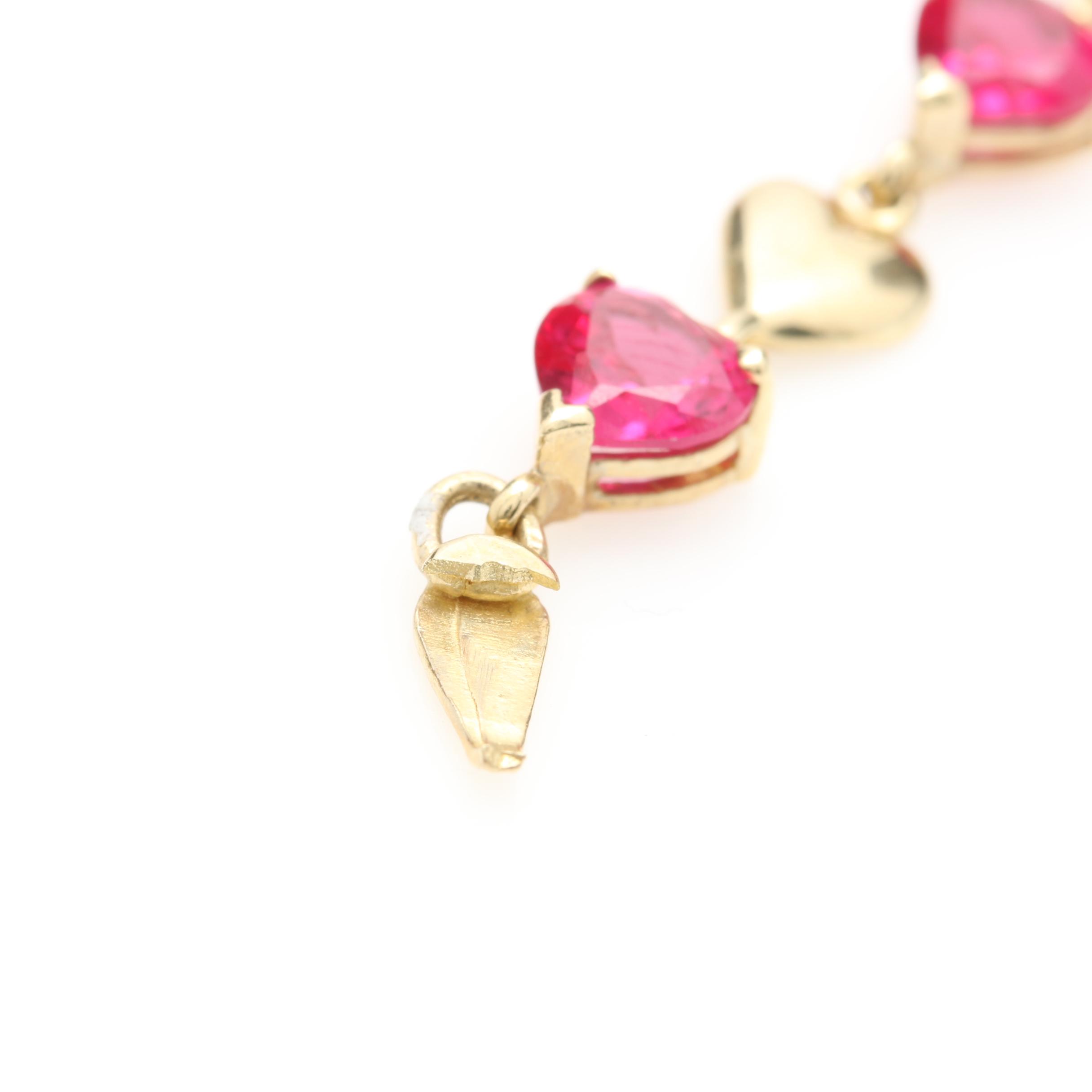 10K Yellow Gold Synthetic Ruby Heart Bracelet