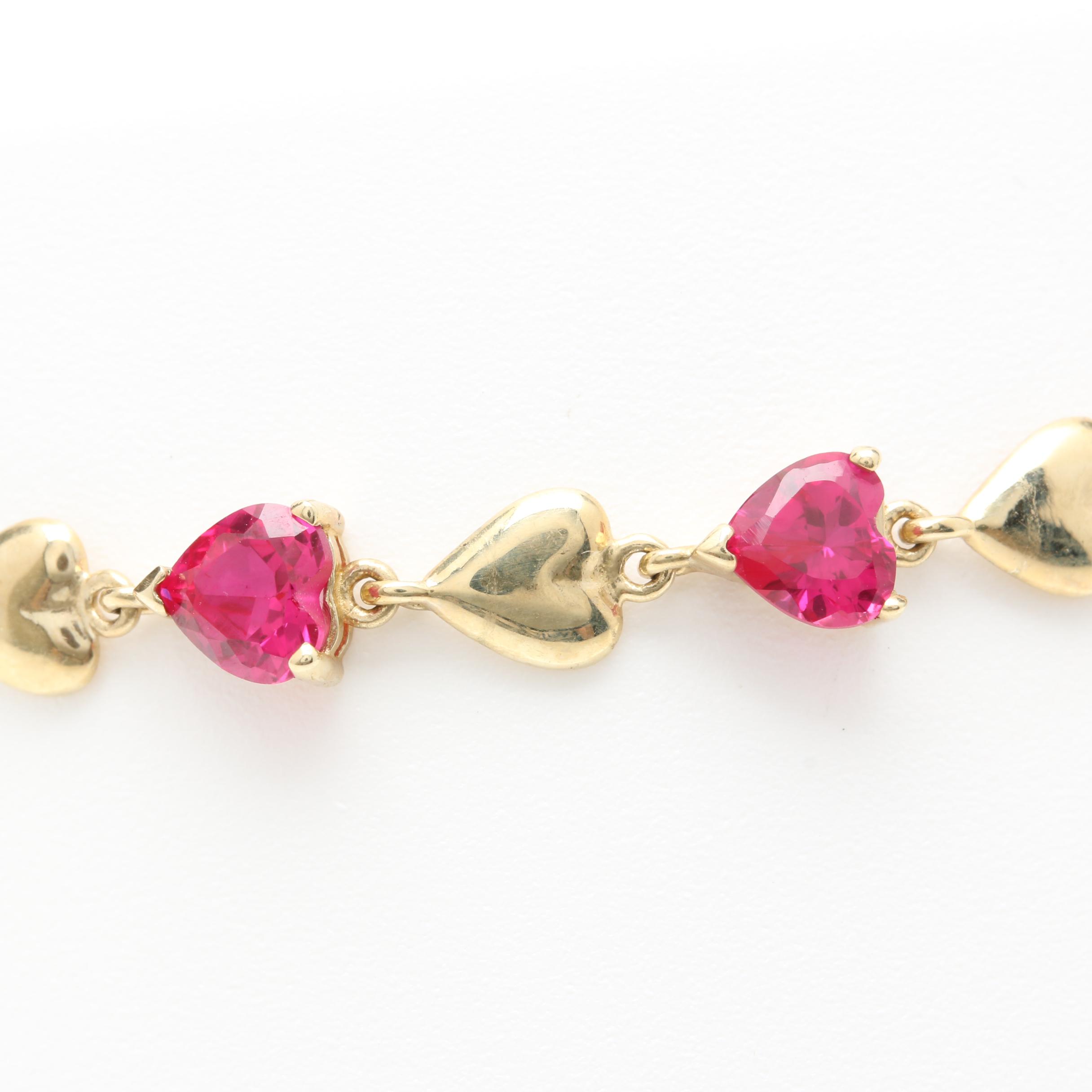 10K Yellow Gold Synthetic Ruby Heart Bracelet
