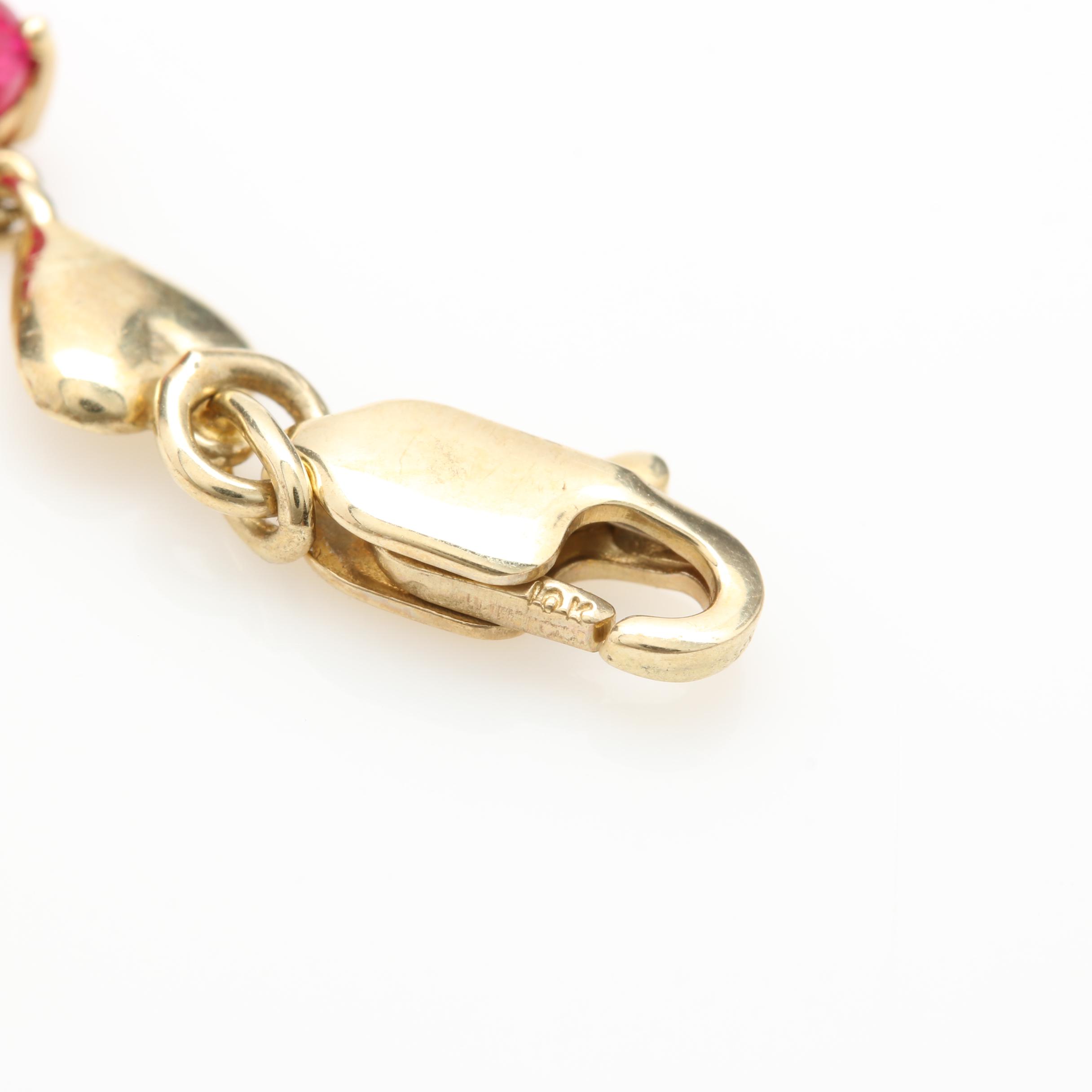 10K Yellow Gold Synthetic Ruby Heart Bracelet