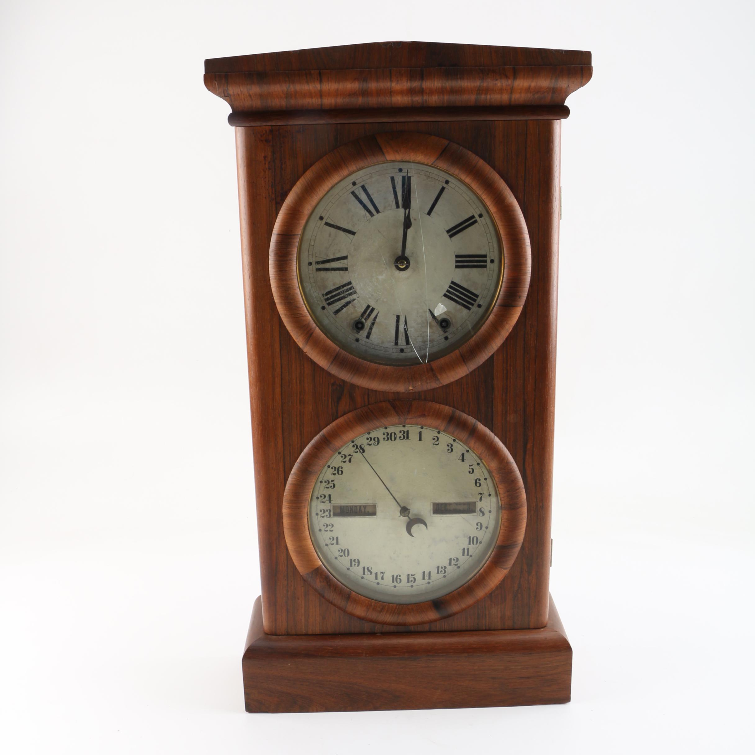 19th Century Seth Thomas Rosewood and Walnut Wall Clock and Calendar