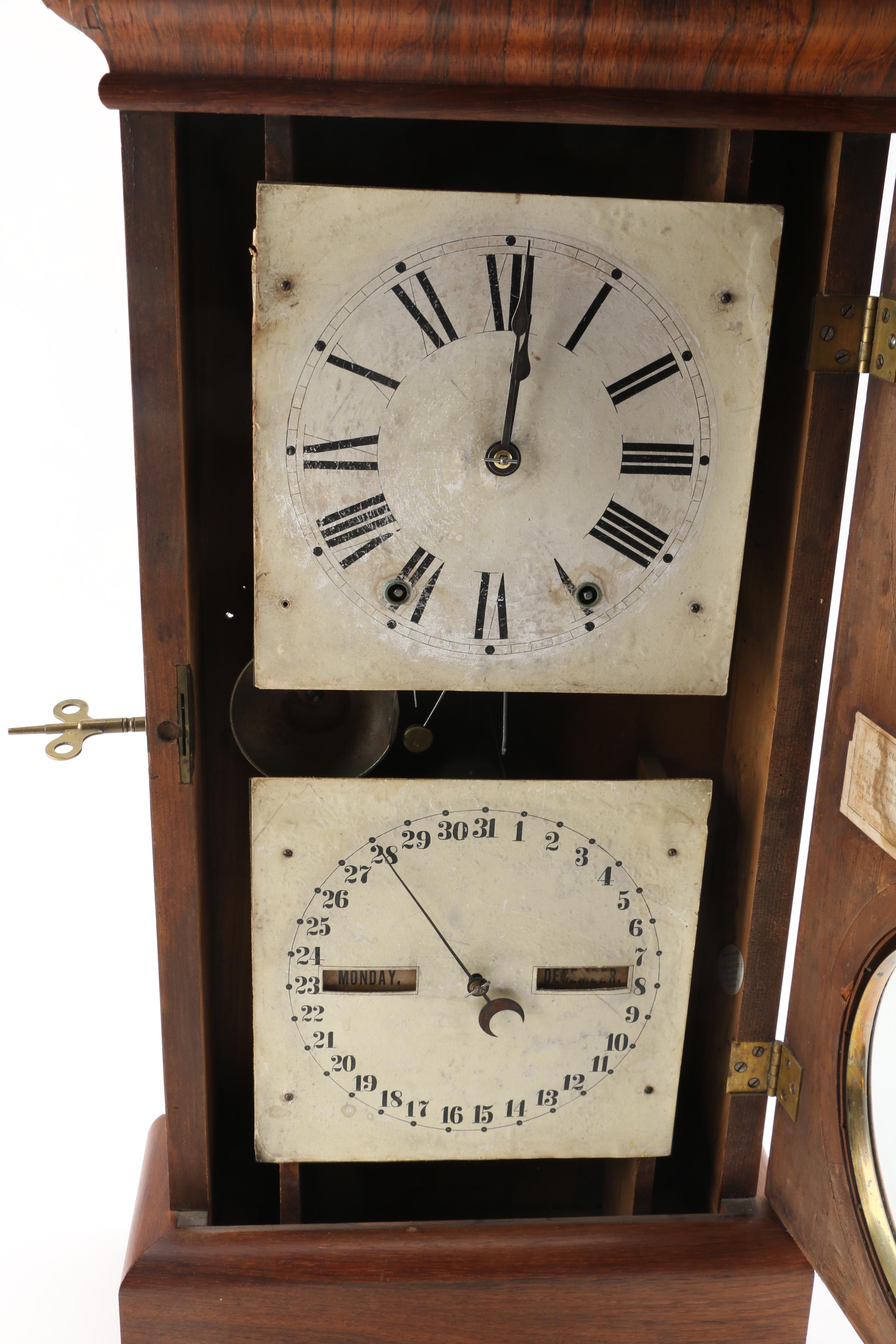 19th Century Seth Thomas Rosewood and Walnut Wall Clock and Calendar