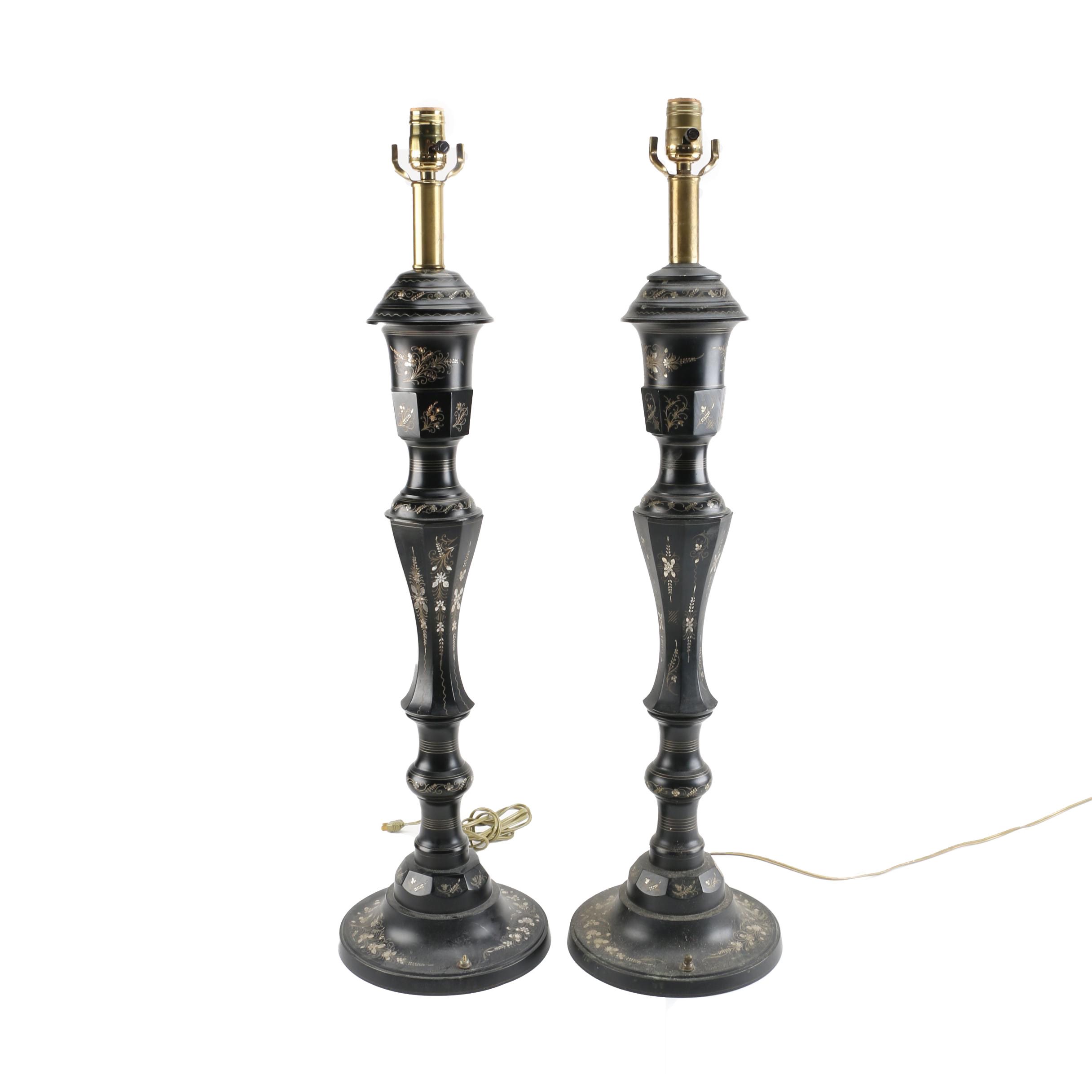 Pair of Black and Silver Toned and Brass Table Lamps