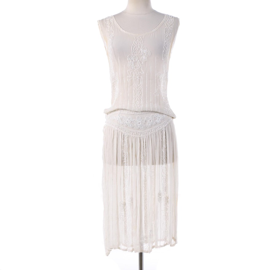 1920s Vintage Art Deco Sheer White Beaded Sleeveless Flapper Dress