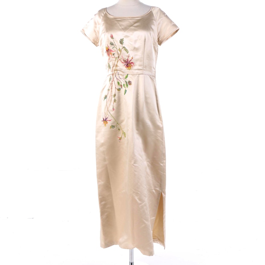 1950s Vintage Mildred Newman Ivory Silk Floral Hand-Painted Cocktail Dress