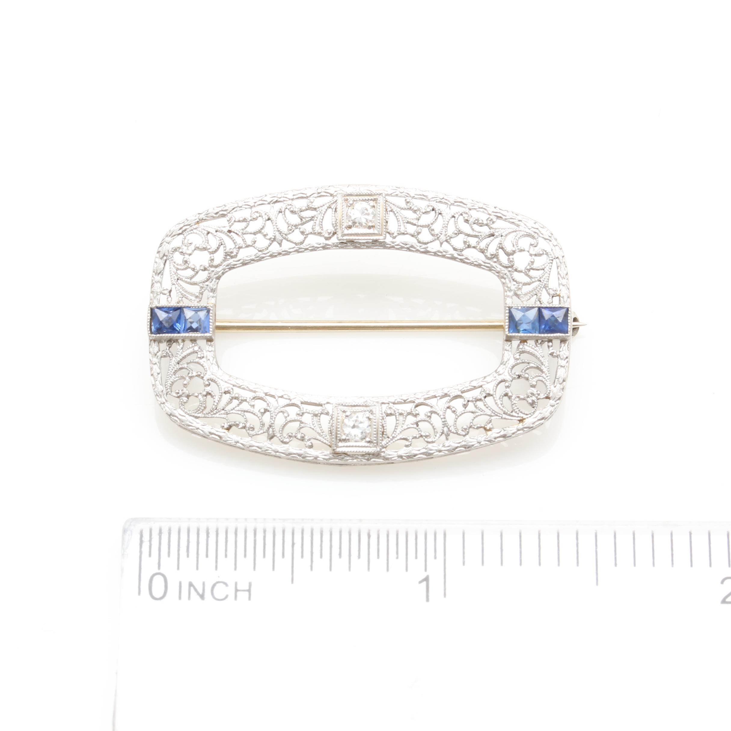 Edwardian Platinum and 14K White Gold Diamond and Blue Sapphire Brooch