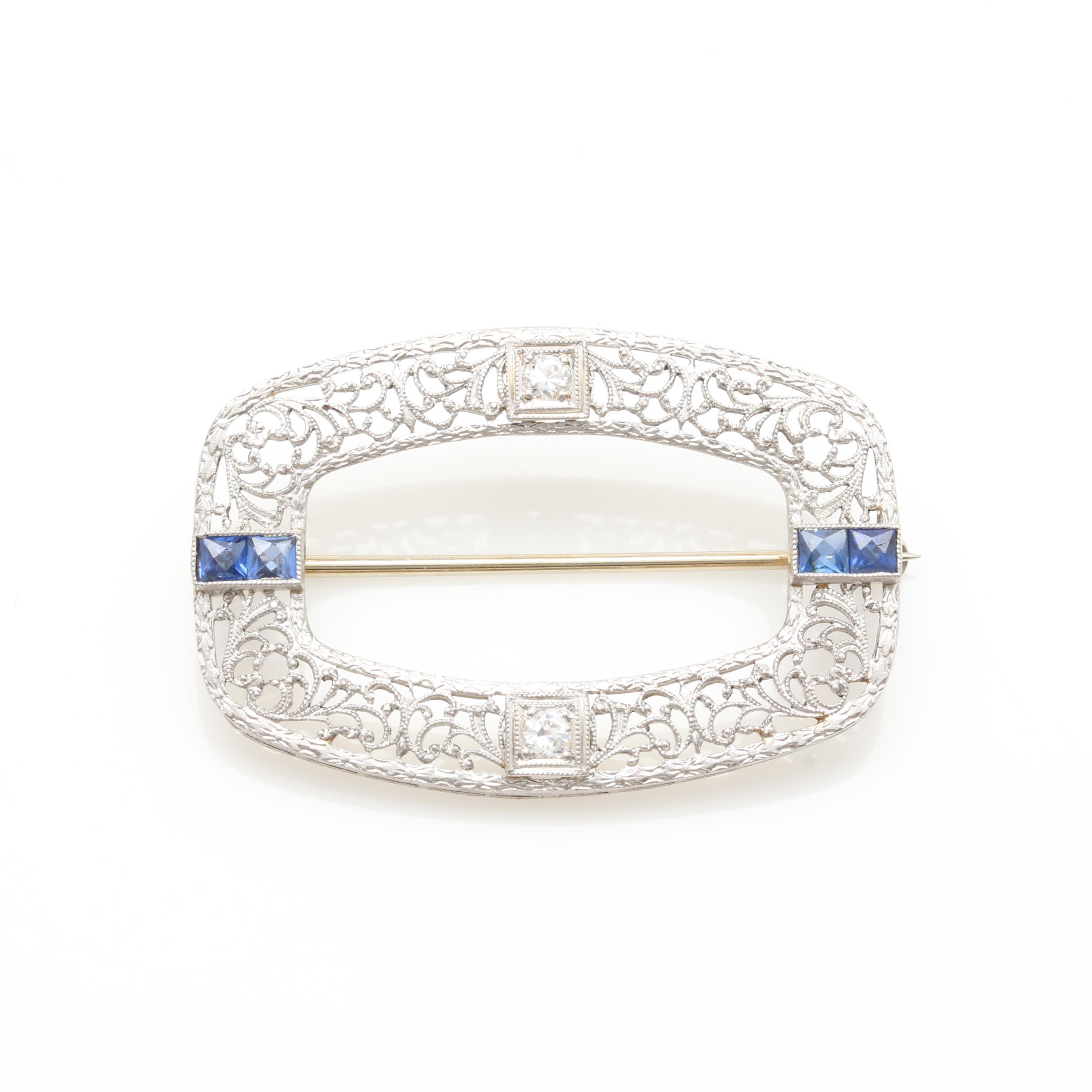 Edwardian Platinum and 14K White Gold Diamond and Blue Sapphire Brooch