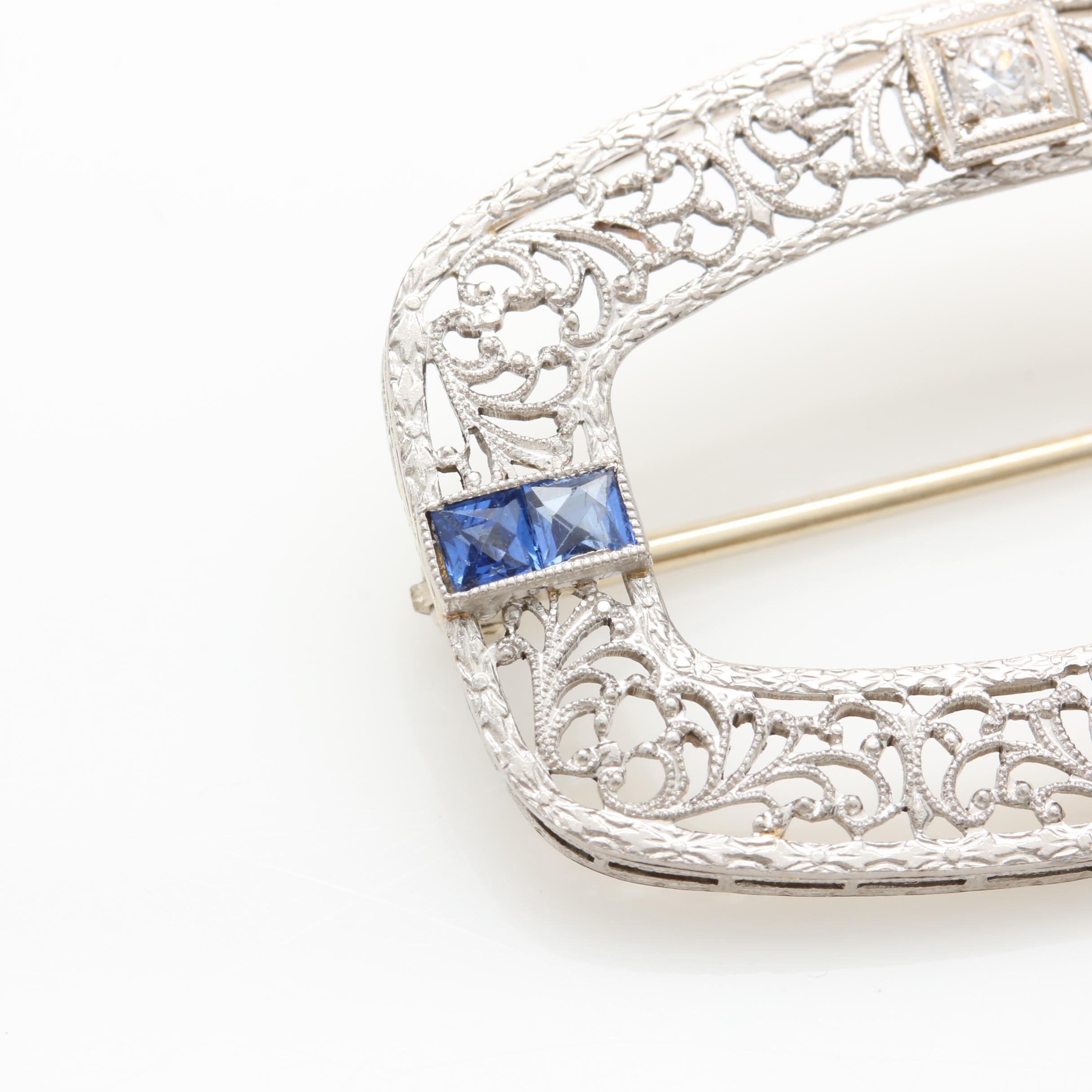 Edwardian Platinum and 14K White Gold Diamond and Blue Sapphire Brooch