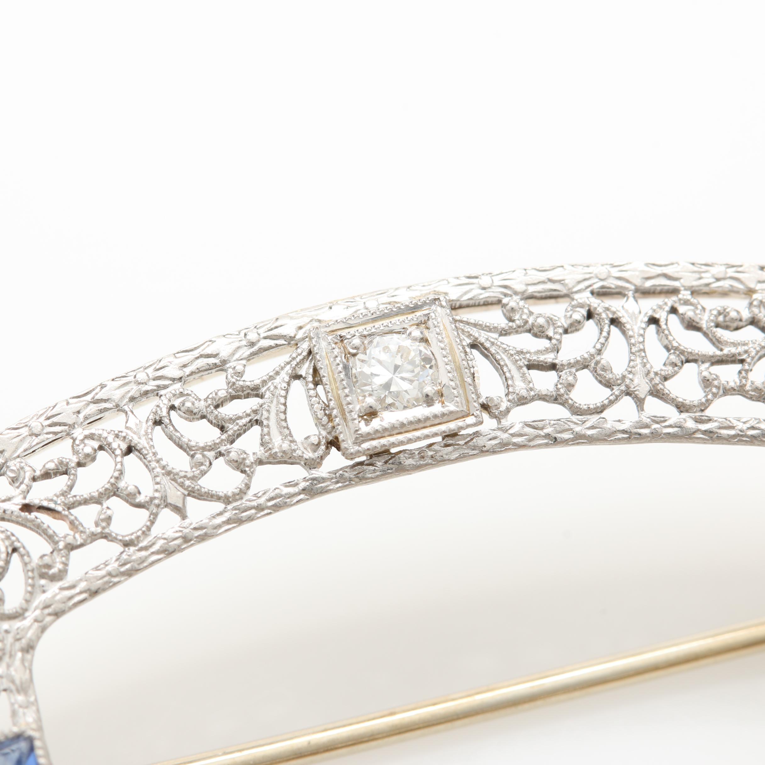 Edwardian Platinum and 14K White Gold Diamond and Blue Sapphire Brooch