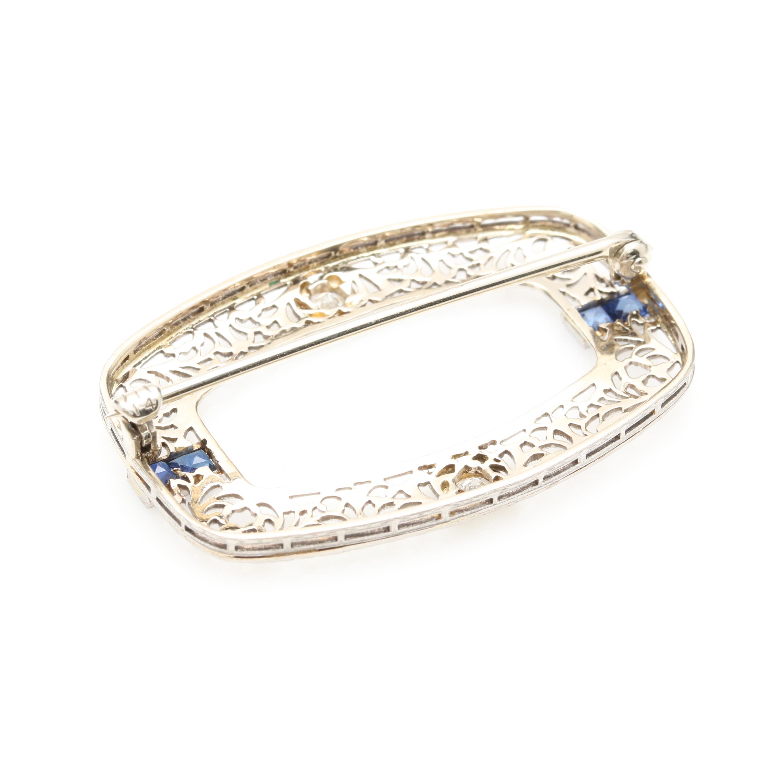 Edwardian Platinum and 14K White Gold Diamond and Blue Sapphire Brooch