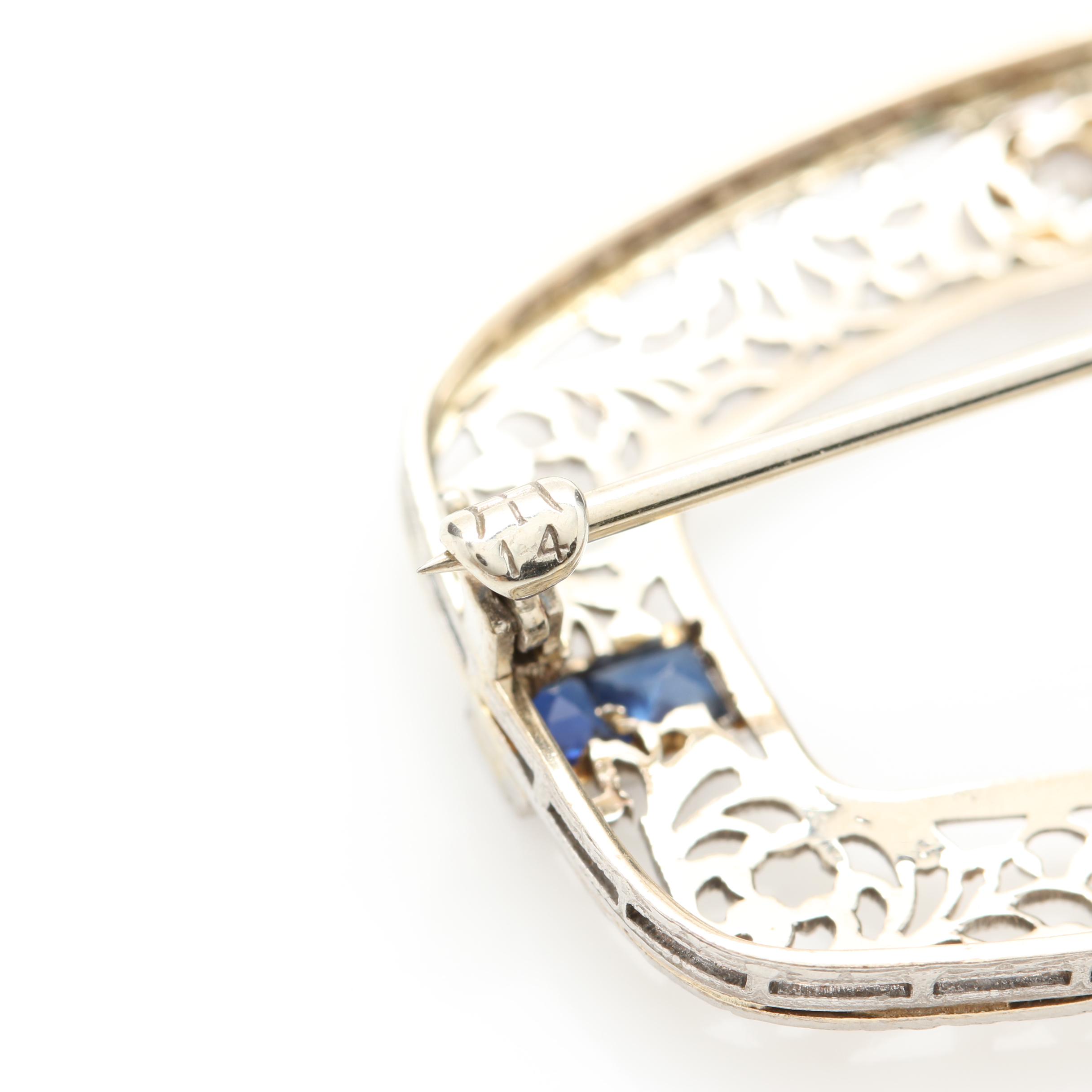 Edwardian Platinum and 14K White Gold Diamond and Blue Sapphire Brooch