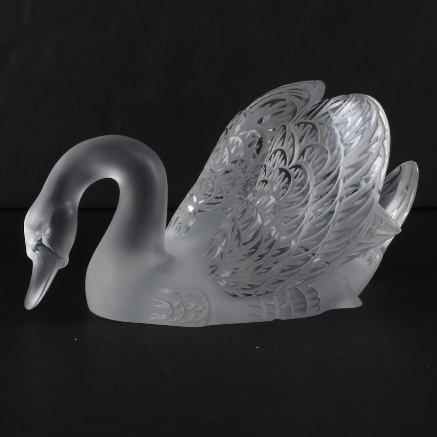 Large Lalique Crystal Swan Sculpture with Head Down