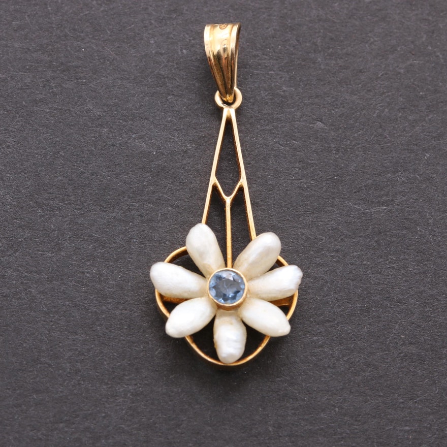 14K Yellow Gold Blue Sapphire and Cultured Pearl Pendant