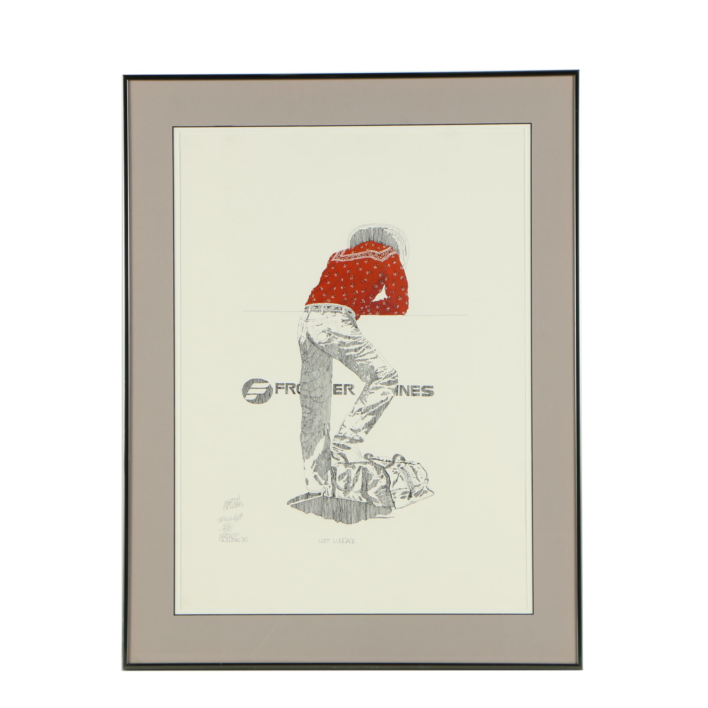 Martin Goldman Limited Edition Vintage Offset Lithograph "Lost Luggage"