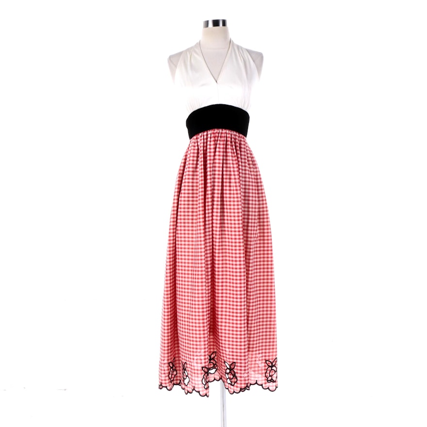 1970s Vintage Custom Halter Dress with Gingham Print Floral Cut Out Skirt