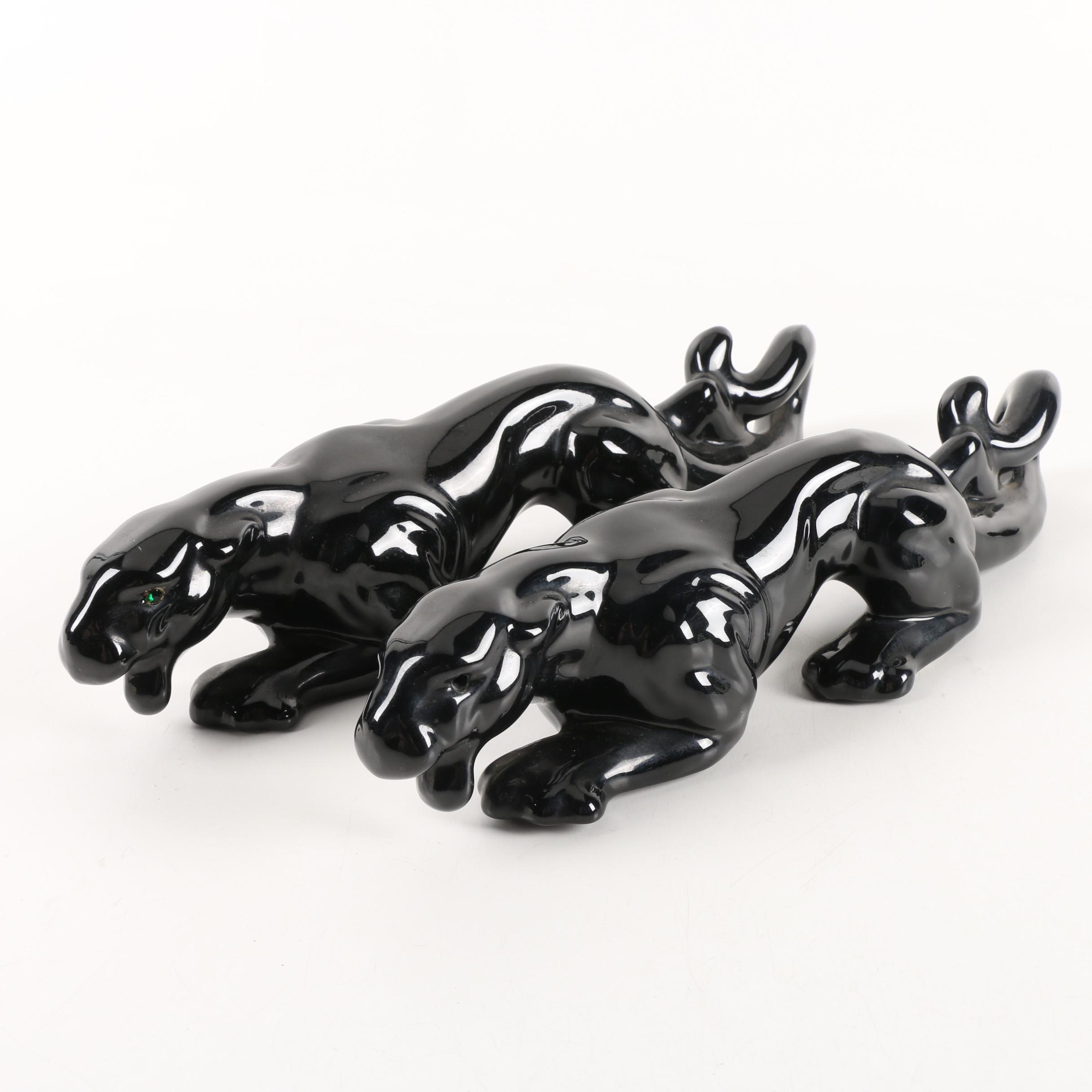 Mid Century Ceramic Black Jaguar Figurines