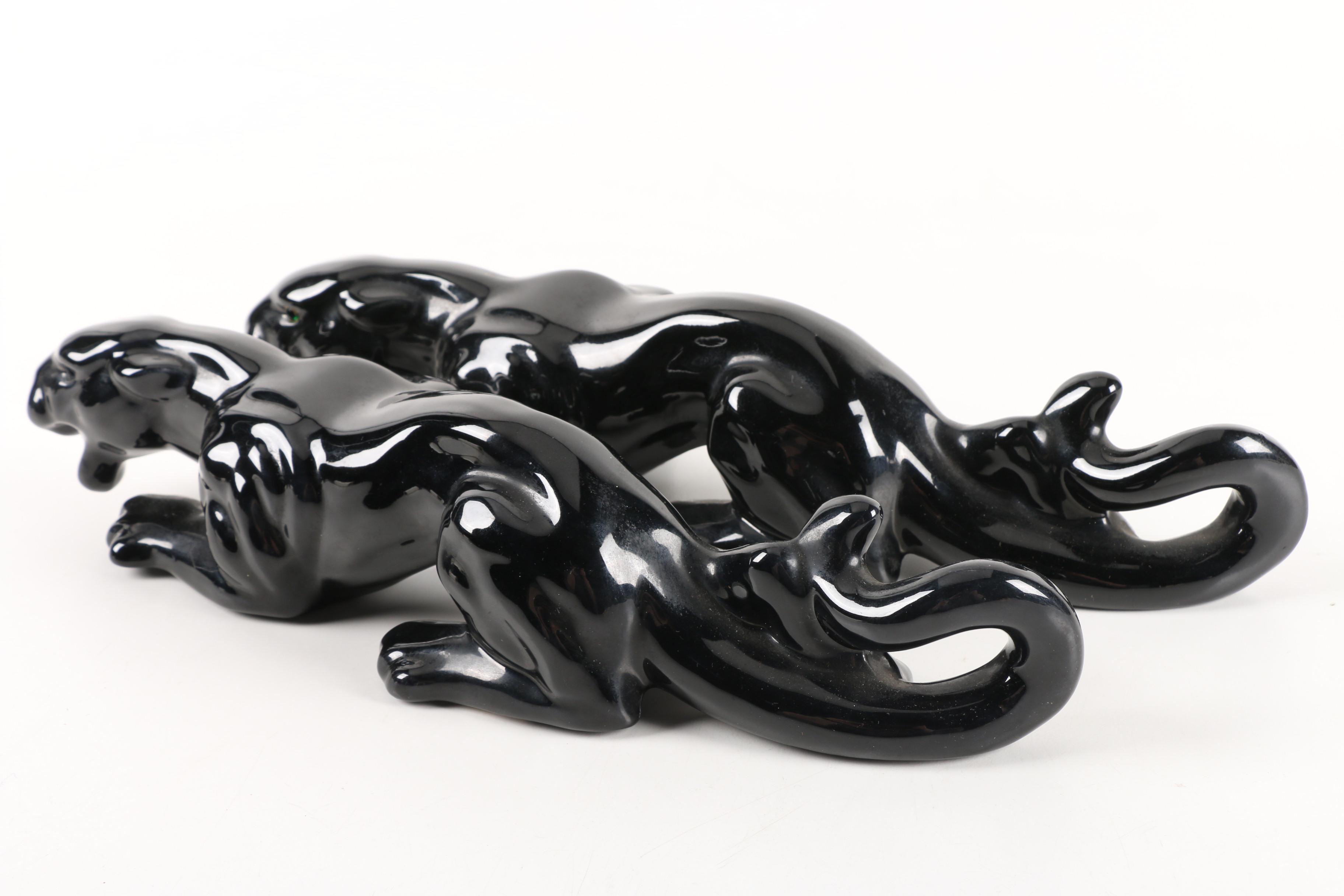 Mid Century Ceramic Black Jaguar Figurines