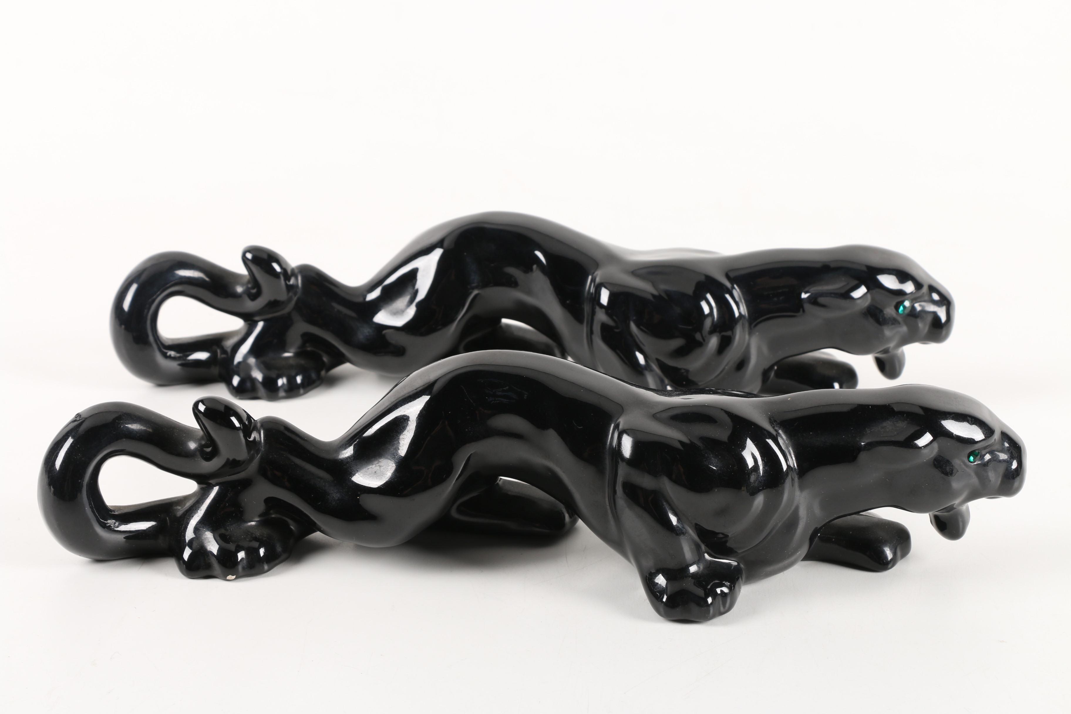 Mid Century Ceramic Black Jaguar Figurines